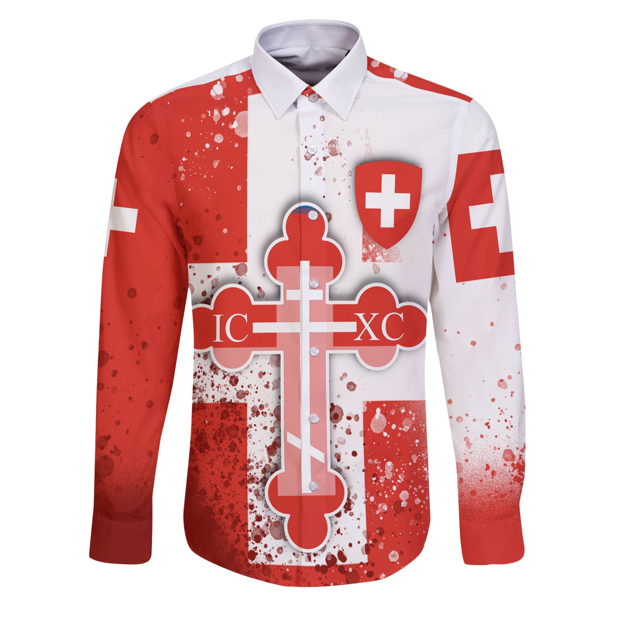 Switzerland Long Sleeve Button Shirt Flag & Coat Of Arms Orthodox Style