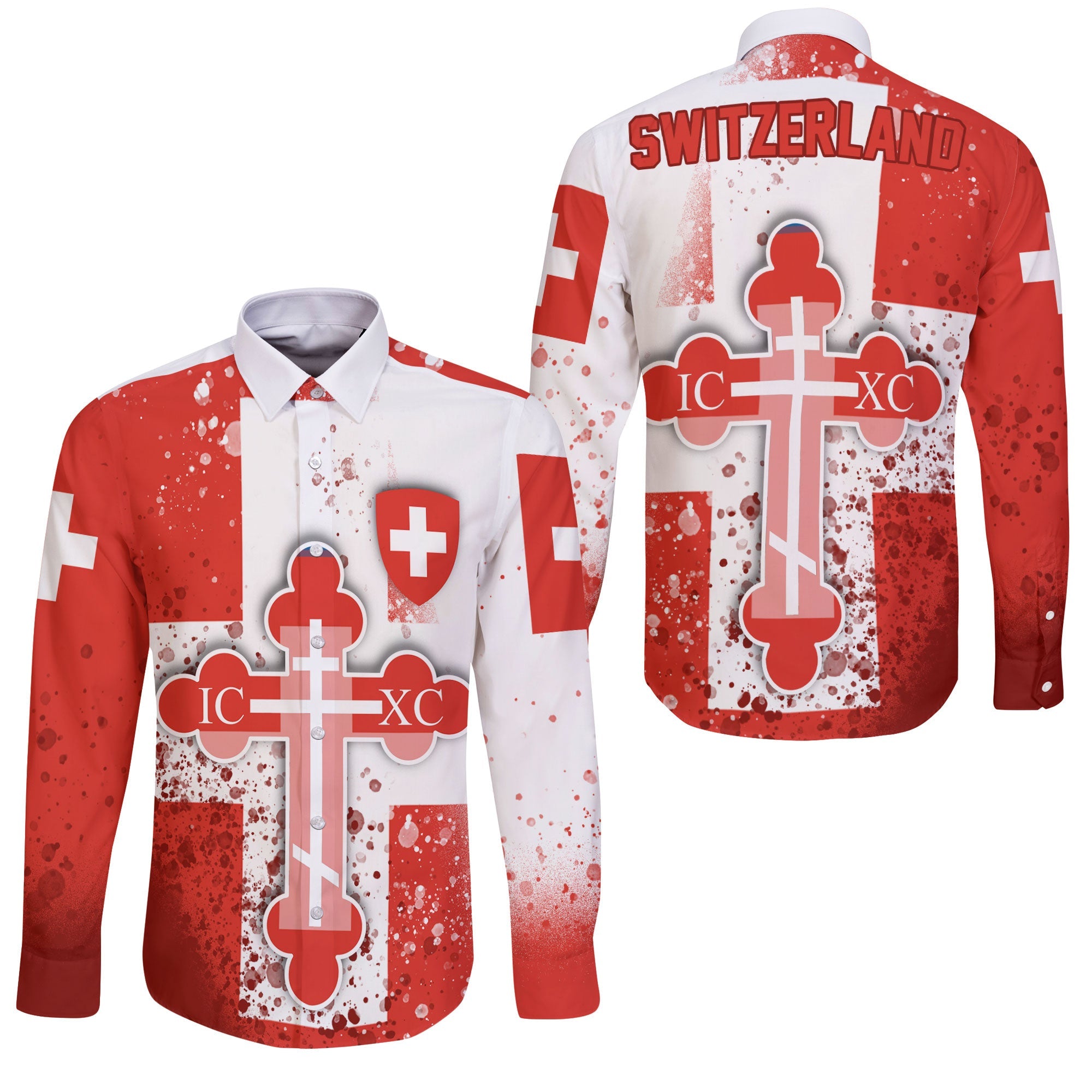 Switzerland Long Sleeve Button Shirt Flag & Coat Of Arms Orthodox Style