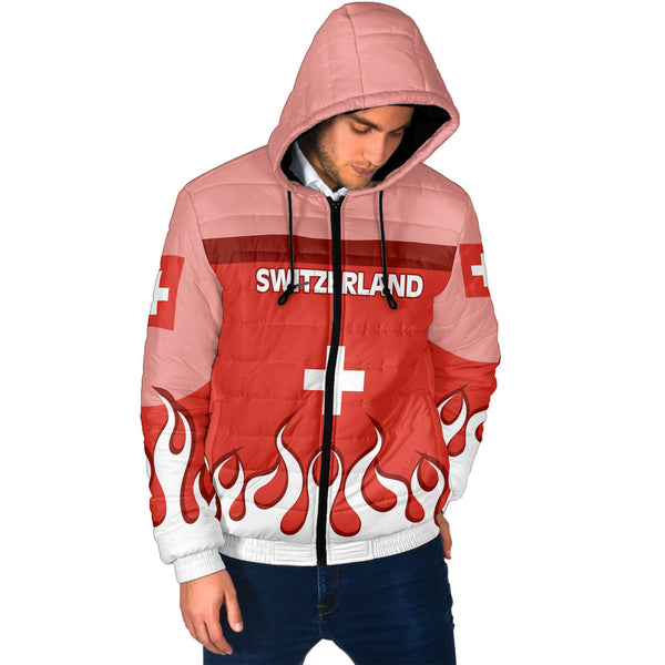 Switzerland Men Hooded Padded Jacket Flag & Coat Of Arms Fire Hockey Style