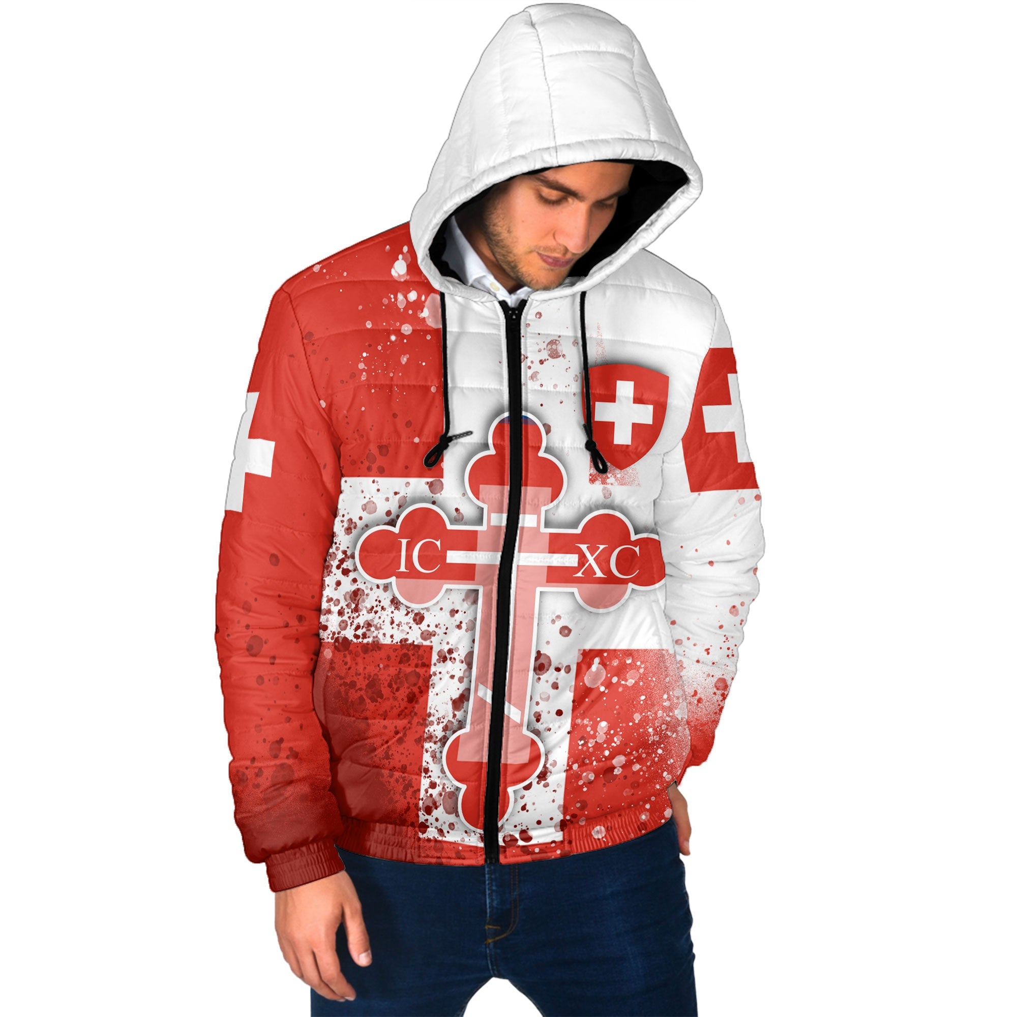 Switzerland Men Hooded Padded Jacket Flag & Coat Of Arms Orthodox Style