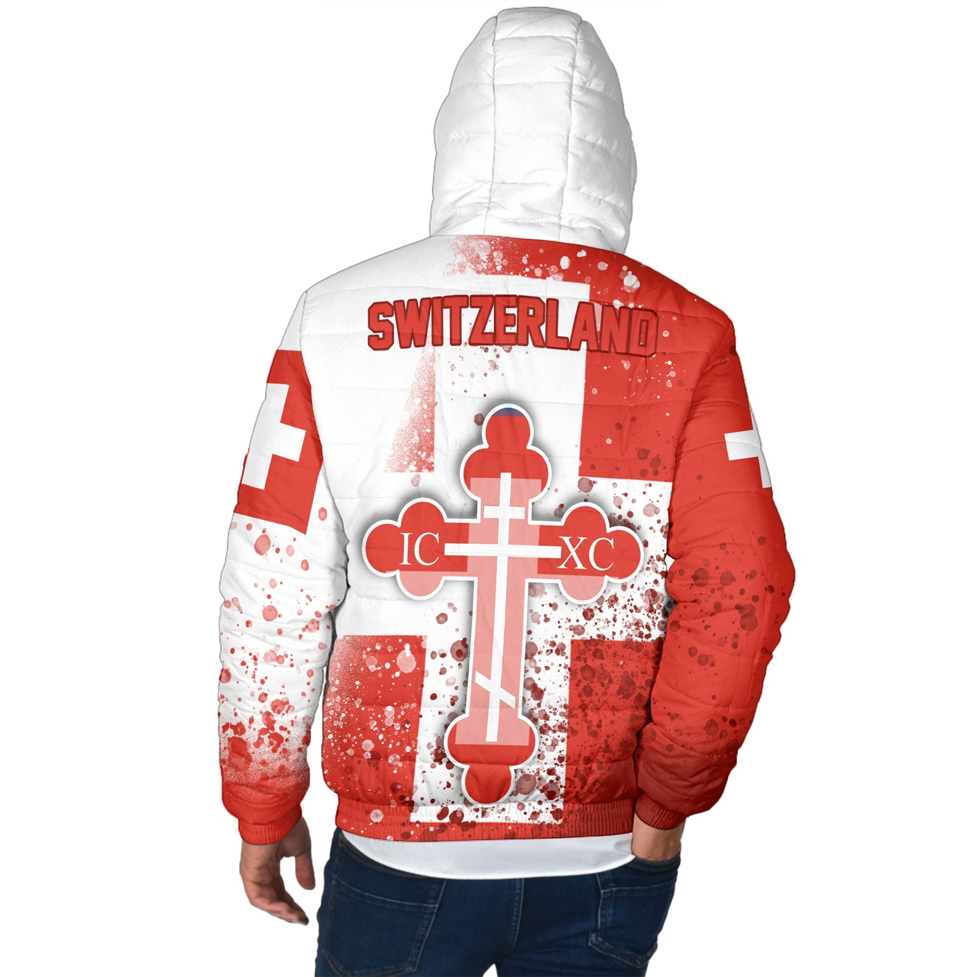 Switzerland Men Hooded Padded Jacket Flag & Coat Of Arms Orthodox Style