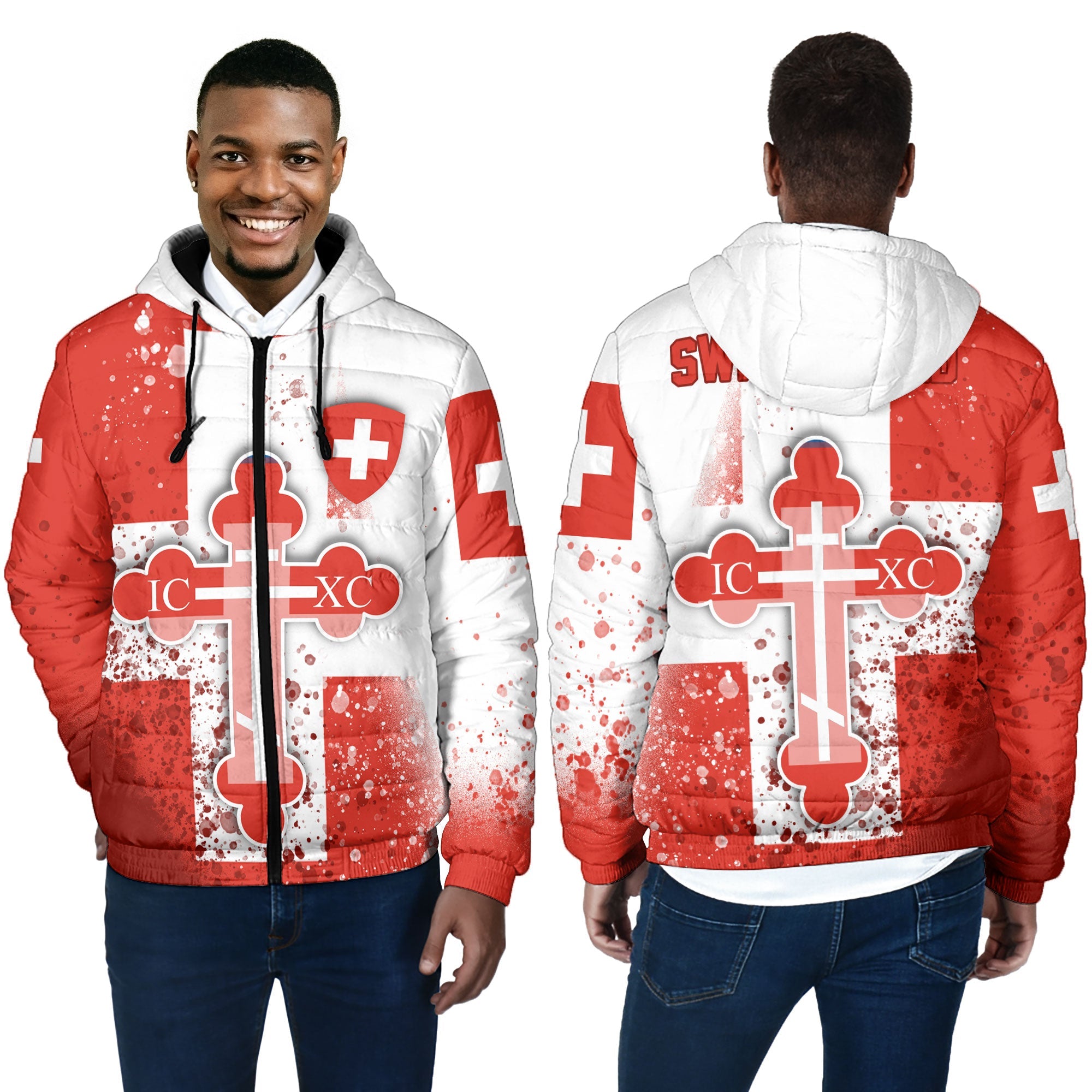 Switzerland Men Hooded Padded Jacket Flag & Coat Of Arms Orthodox Style