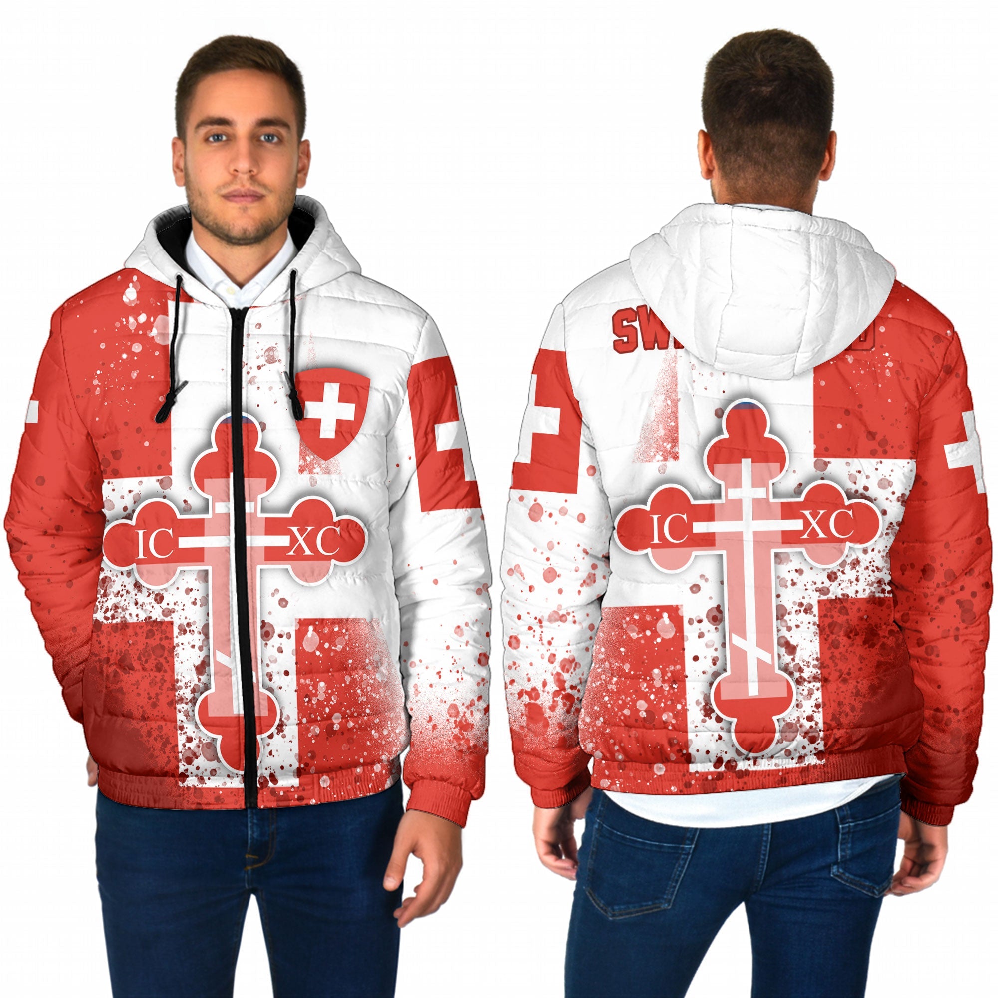 Switzerland Men Hooded Padded Jacket Flag & Coat Of Arms Orthodox Style