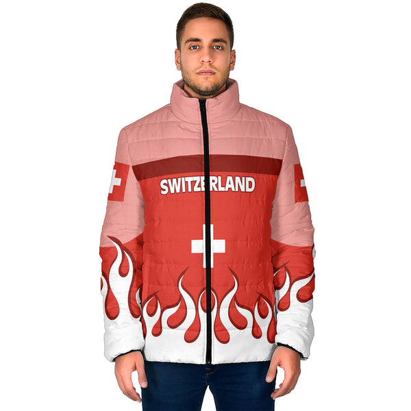 Switzerland Men Padded Jacket Flag & Coat Of Arms Fire Hockey Style