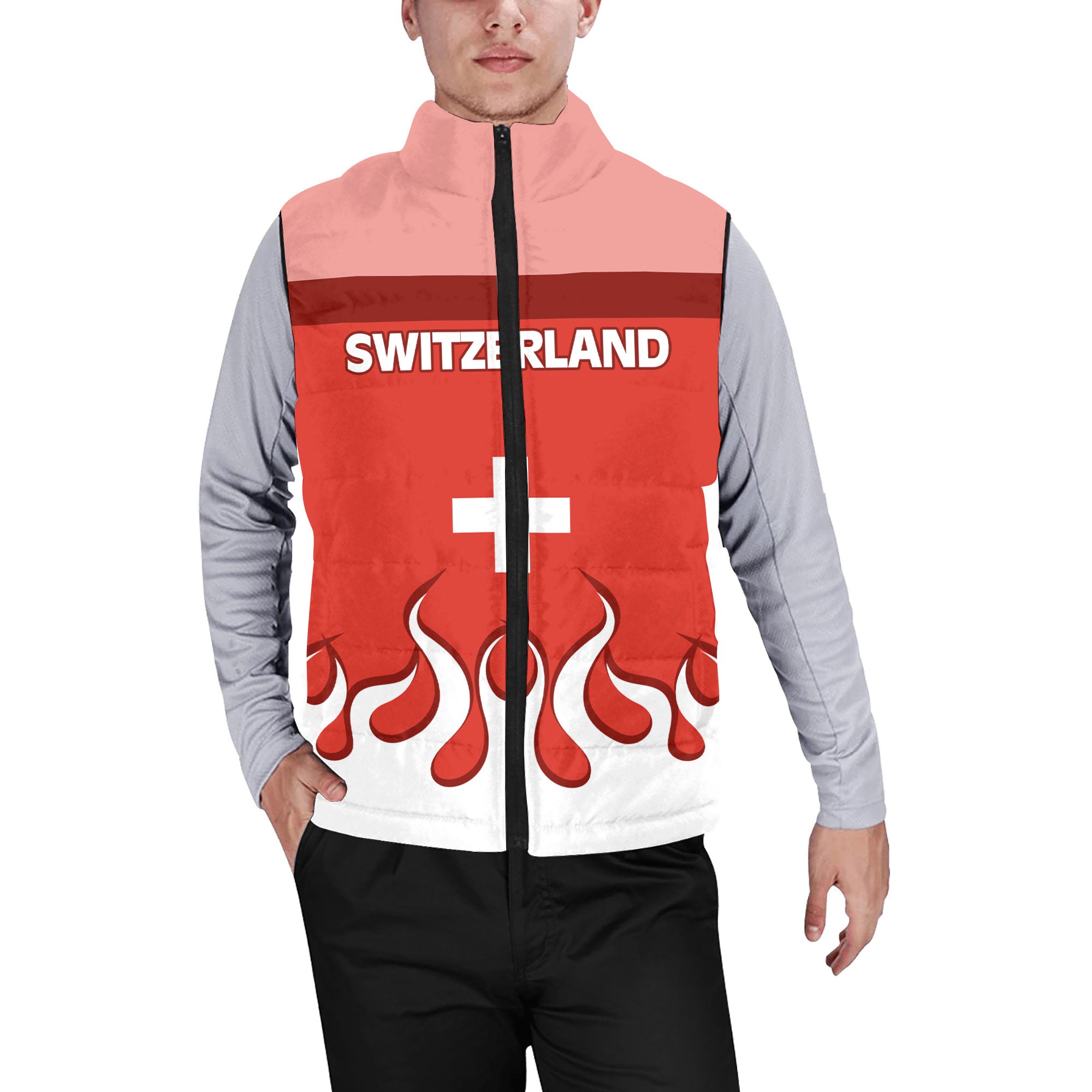 Switzerland Men Padded Jacket Vest Flag & Coat Of Arms Fire Hockey Style