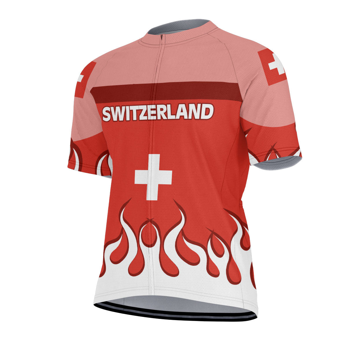 Switzerland Men's Cycling Jersey Flag & Coat Of Arms Fire Hockey Style