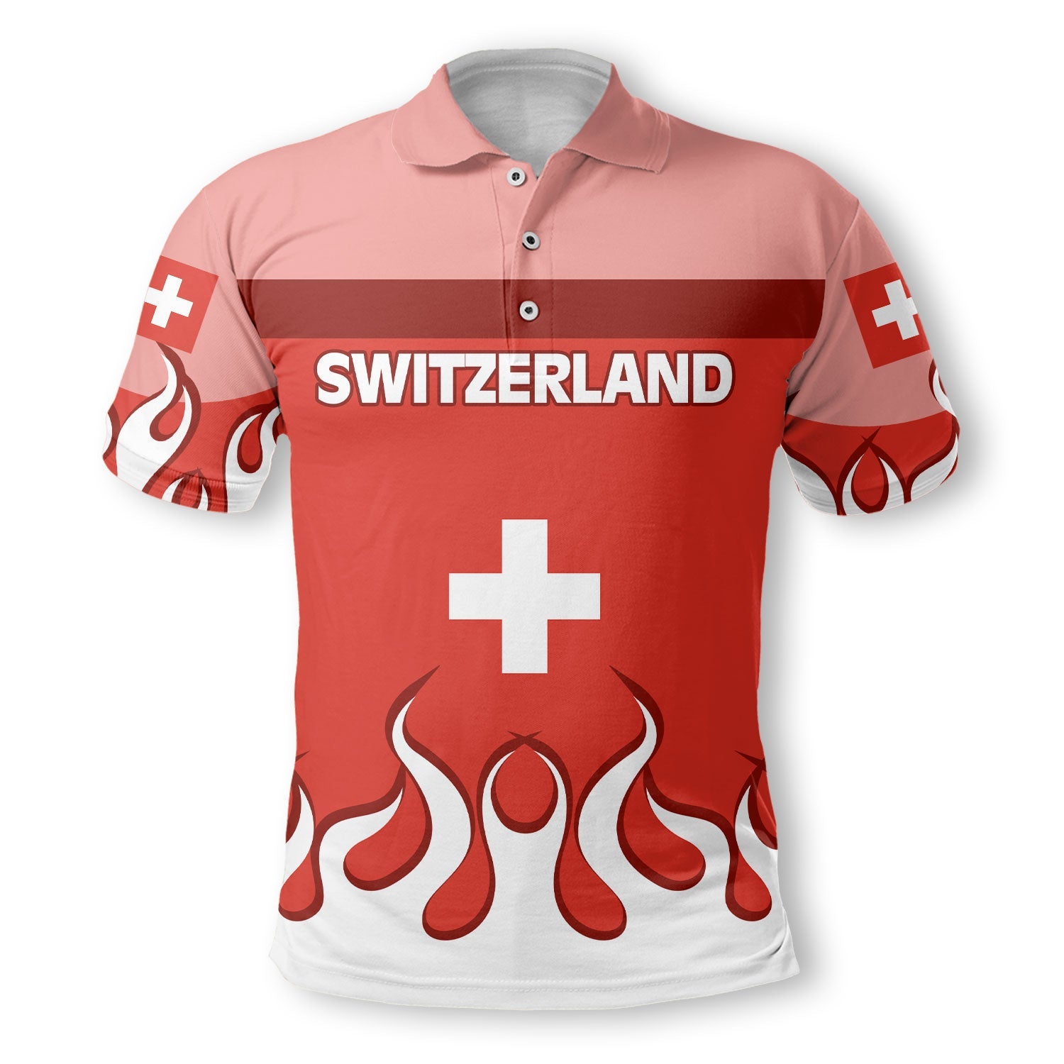 Switzerland Polo Shirt Flag & Coat Of Arms Fire Hockey Style