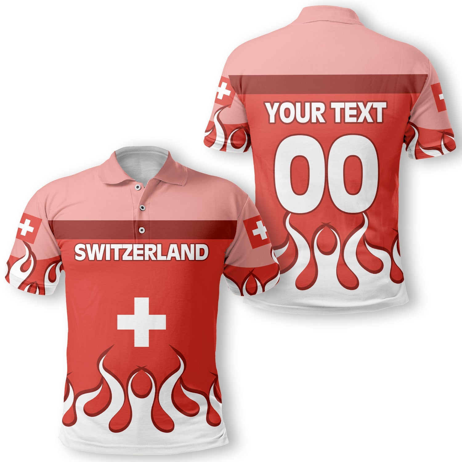 Switzerland Polo Shirt Flag & Coat Of Arms Fire Hockey Style