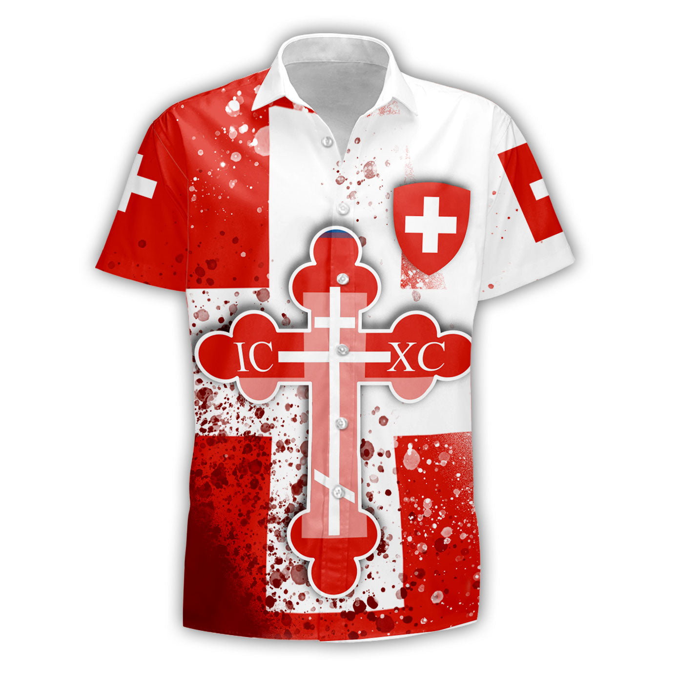 Switzerland Short Sleeve Shirt Flag & Coat Of Arms Orthodox Style