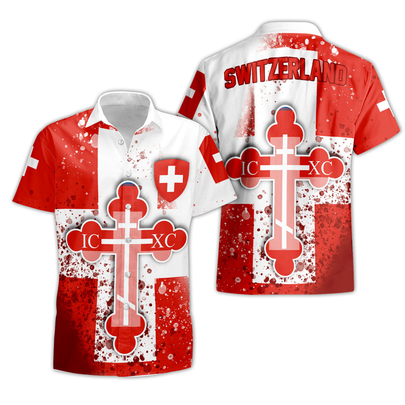 Switzerland Short Sleeve Shirt Flag & Coat Of Arms Orthodox Style