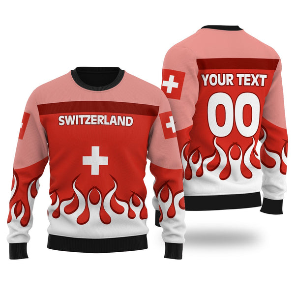 Switzerland Ugly Sweater Flag & Coat Of Arms Fire Hockey Style