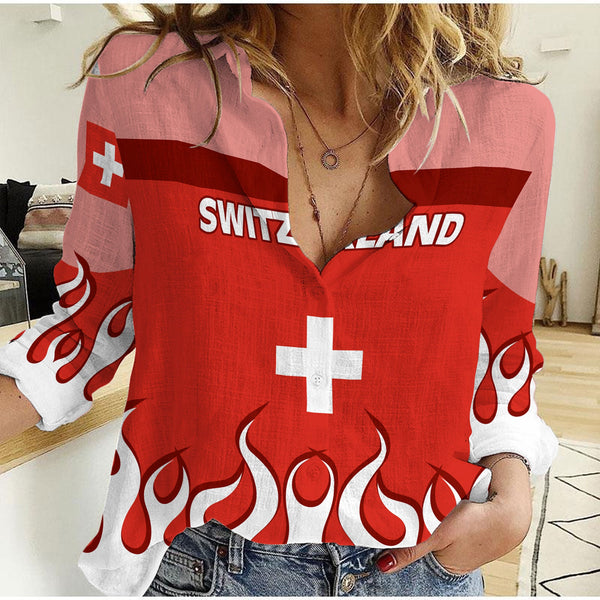 Switzerland Women Casual Shirt Flag & Coat Of Arms Fire Hockey Style