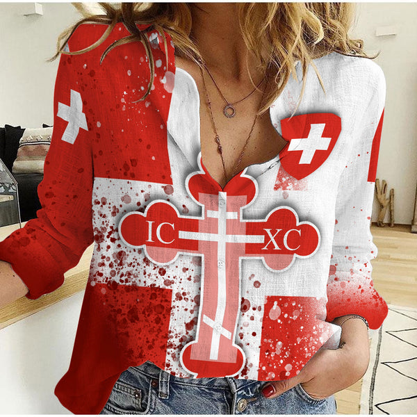 Switzerland Women Casual Shirt Flag & Coat Of Arms Orthodox Style