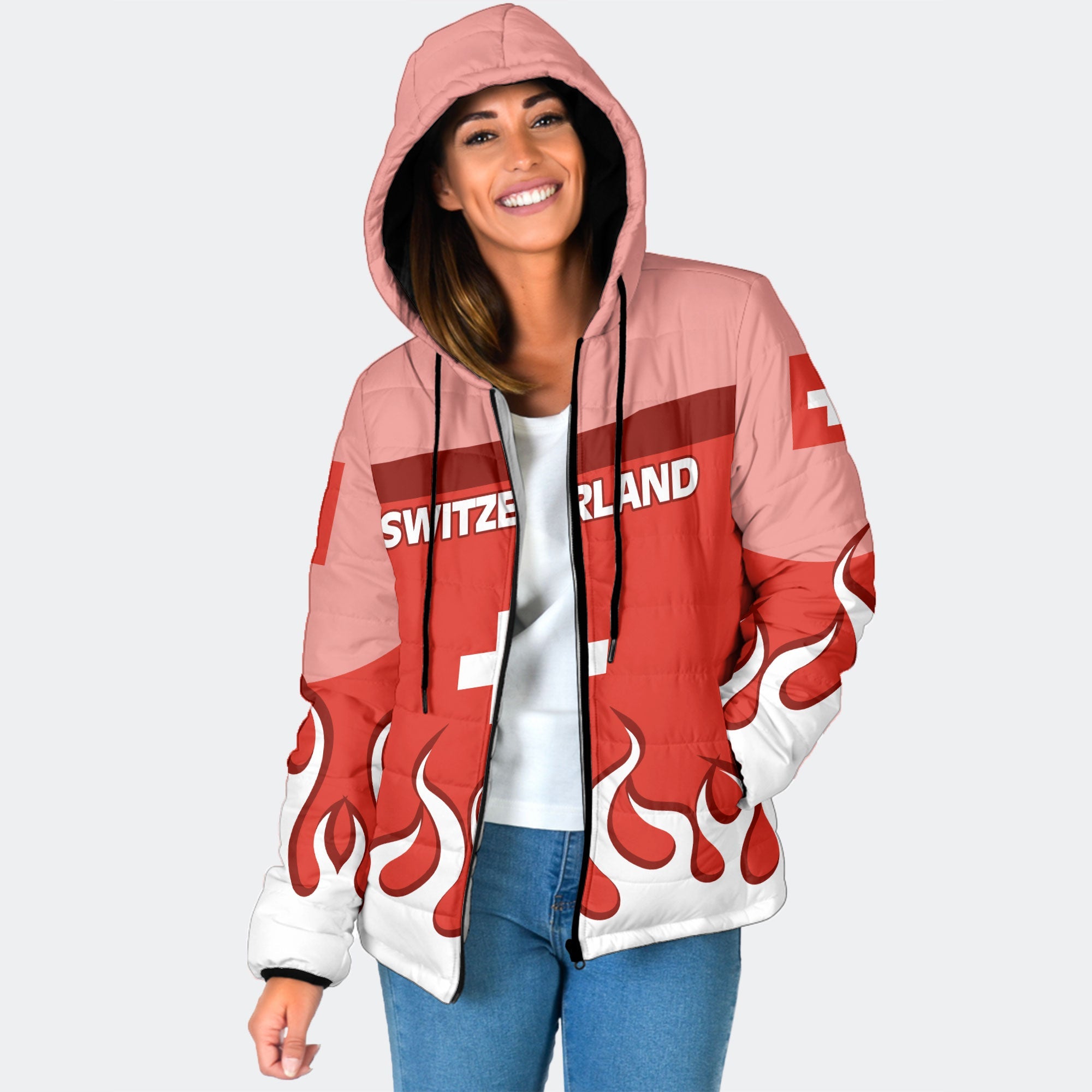 Switzerland Women Hooded Padded Jacket Flag & Coat Of Arms Fire Hockey Style