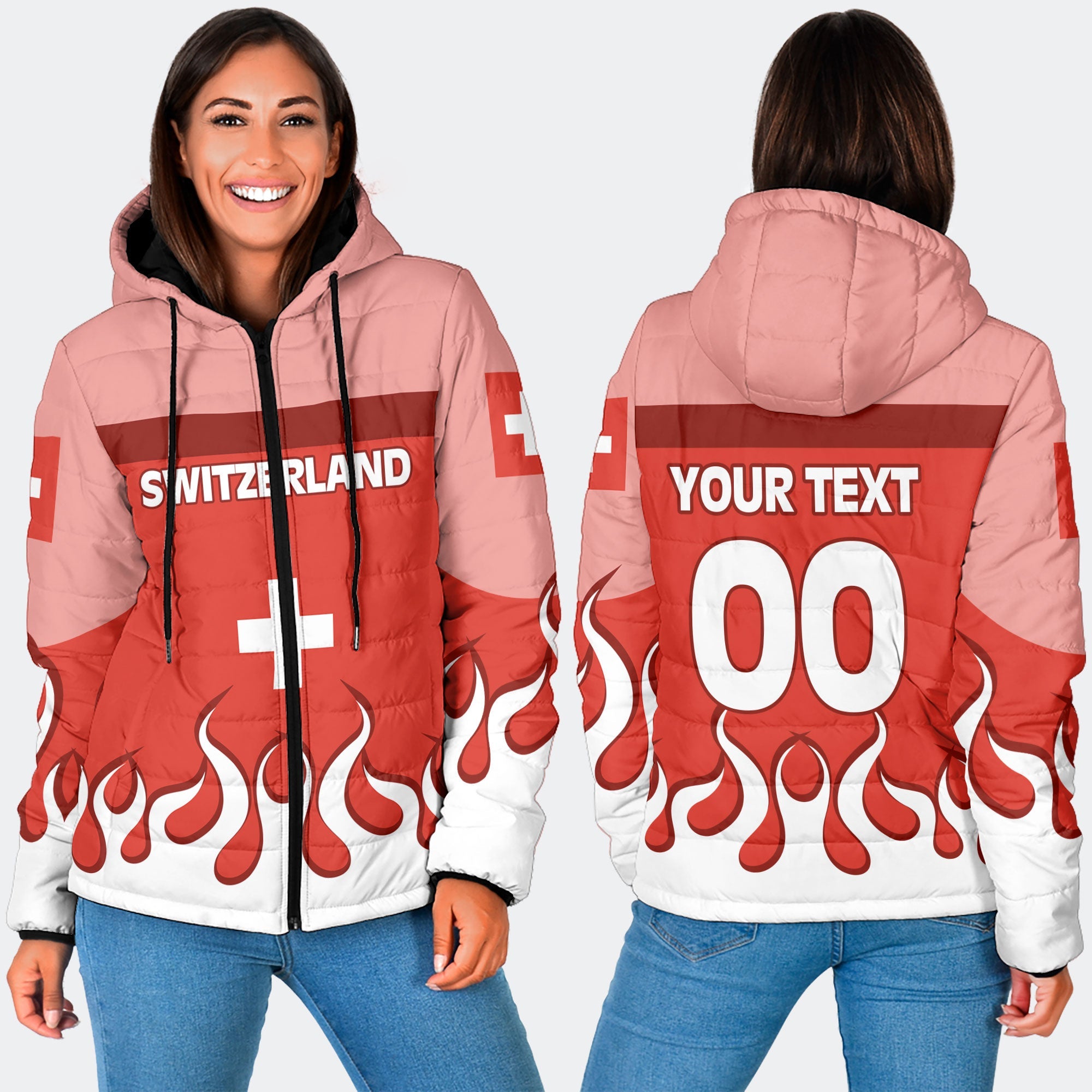 Switzerland Women Hooded Padded Jacket Flag & Coat Of Arms Fire Hockey Style