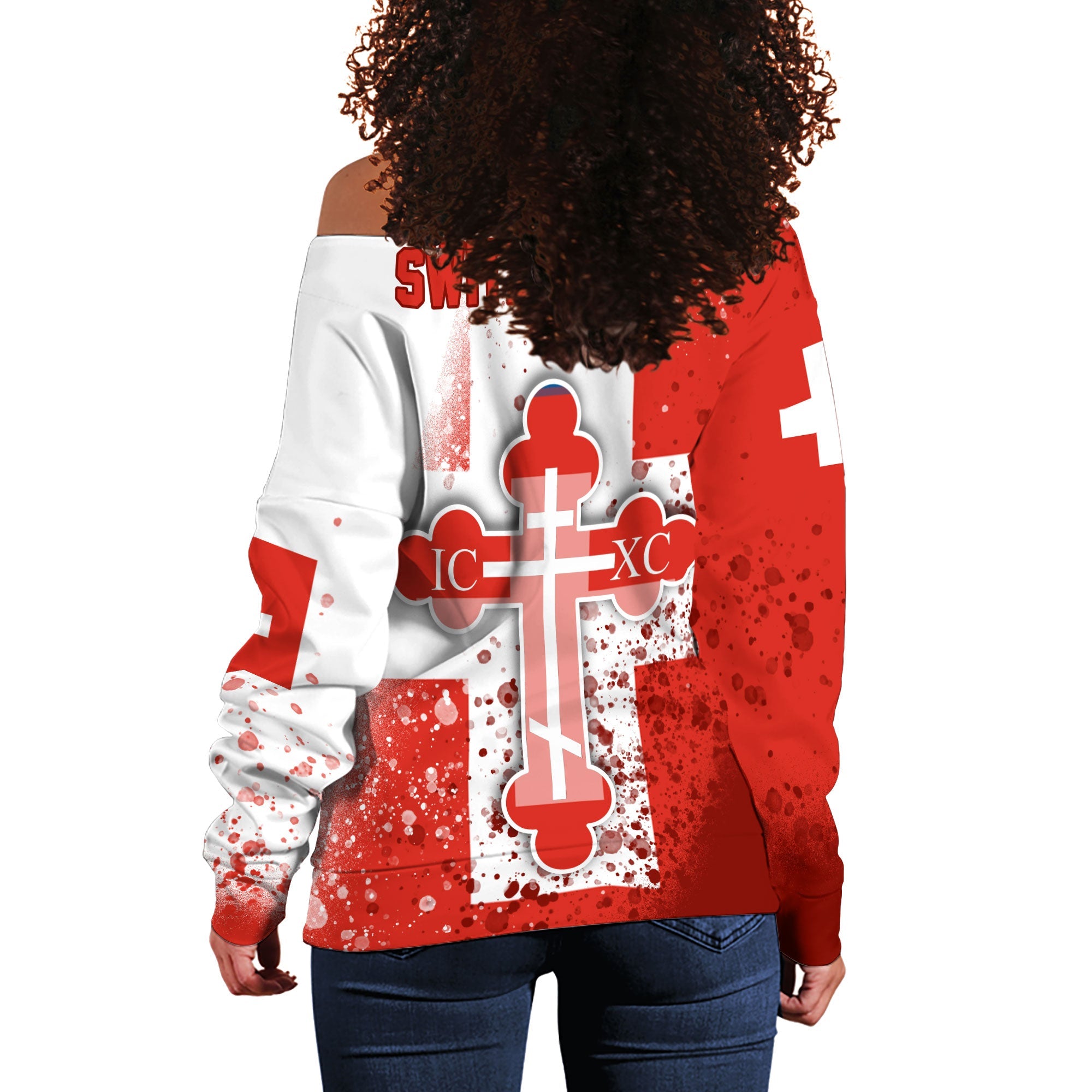 Switzerland Women Off Shoulder Sweatshirt Flag & Coat Of Arms Orthodox Style