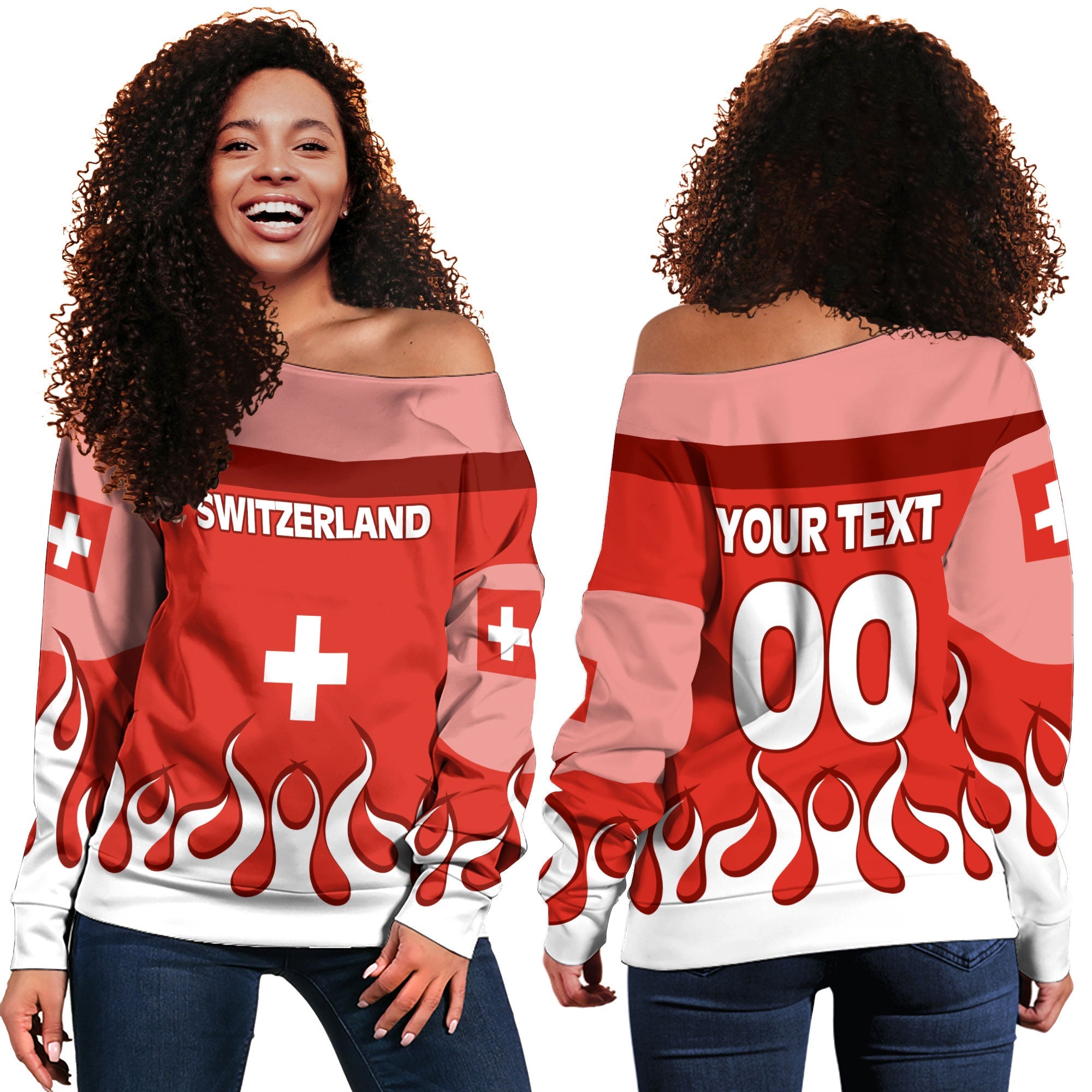 Switzerland Women Off Shoulder Sweatshirt Flag & Coat Of Arms Fire Hockey Style