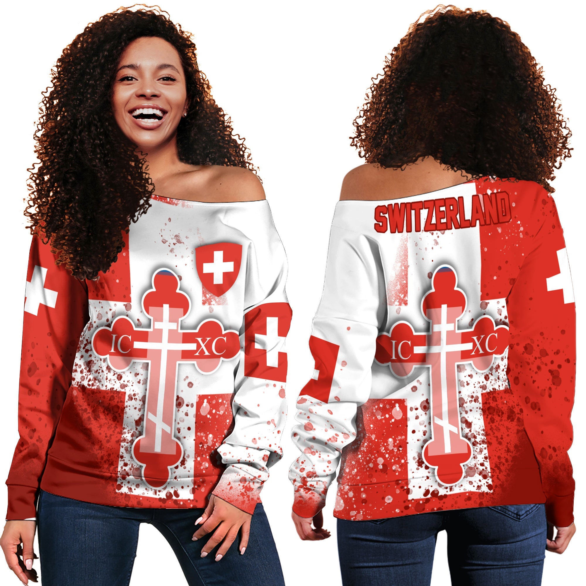 Switzerland Women Off Shoulder Sweatshirt Flag & Coat Of Arms Orthodox Style