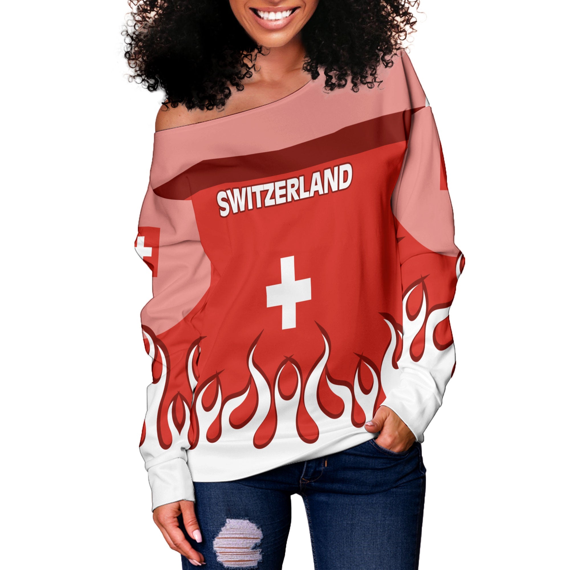 Switzerland Women Off Shoulder Sweatshirt Flag & Coat Of Arms Fire Hockey Style