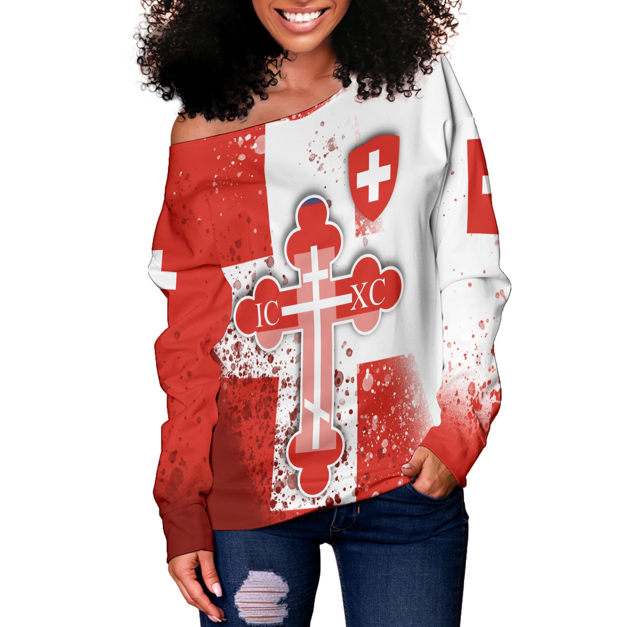 Switzerland Women Off Shoulder Sweatshirt Flag & Coat Of Arms Orthodox Style