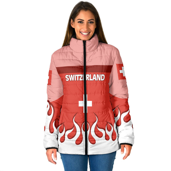 Switzerland Women Padded Jacket Flag & Coat Of Arms Fire Hockey Style