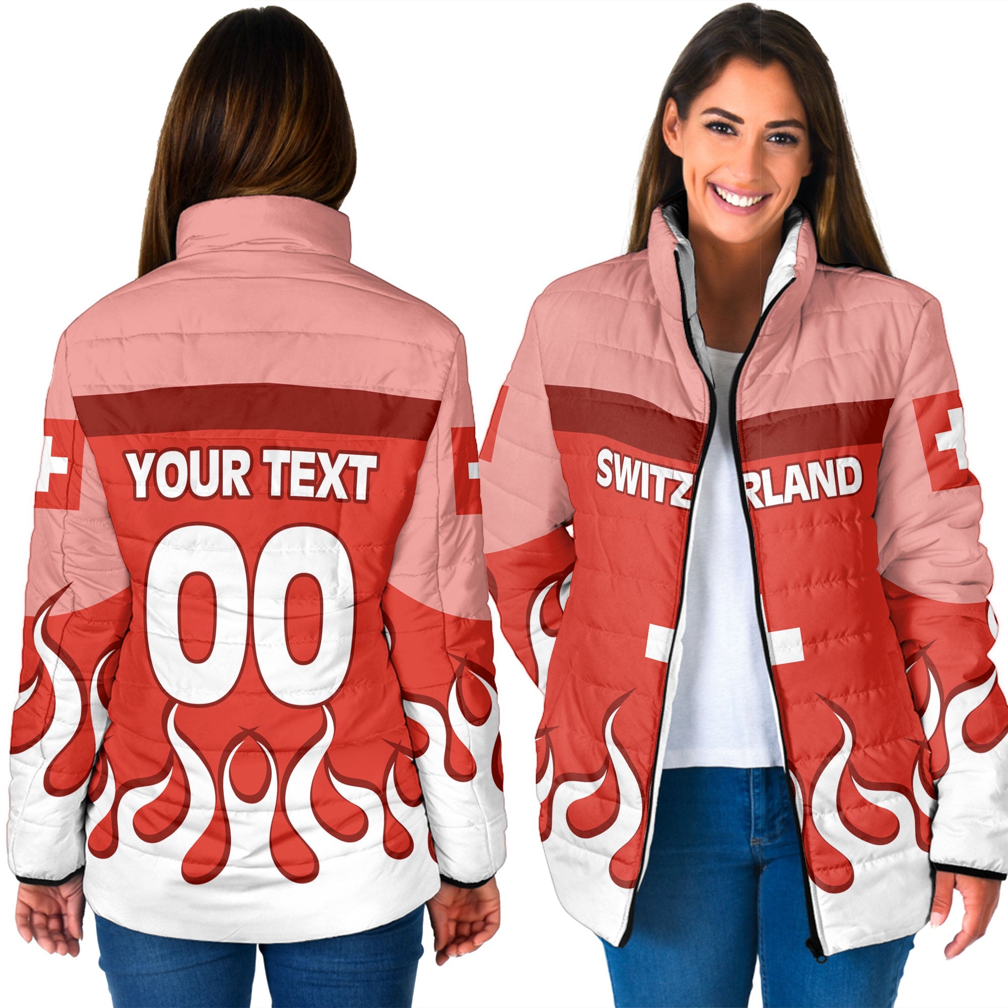 Switzerland Women Padded Jacket Flag & Coat Of Arms Fire Hockey Style