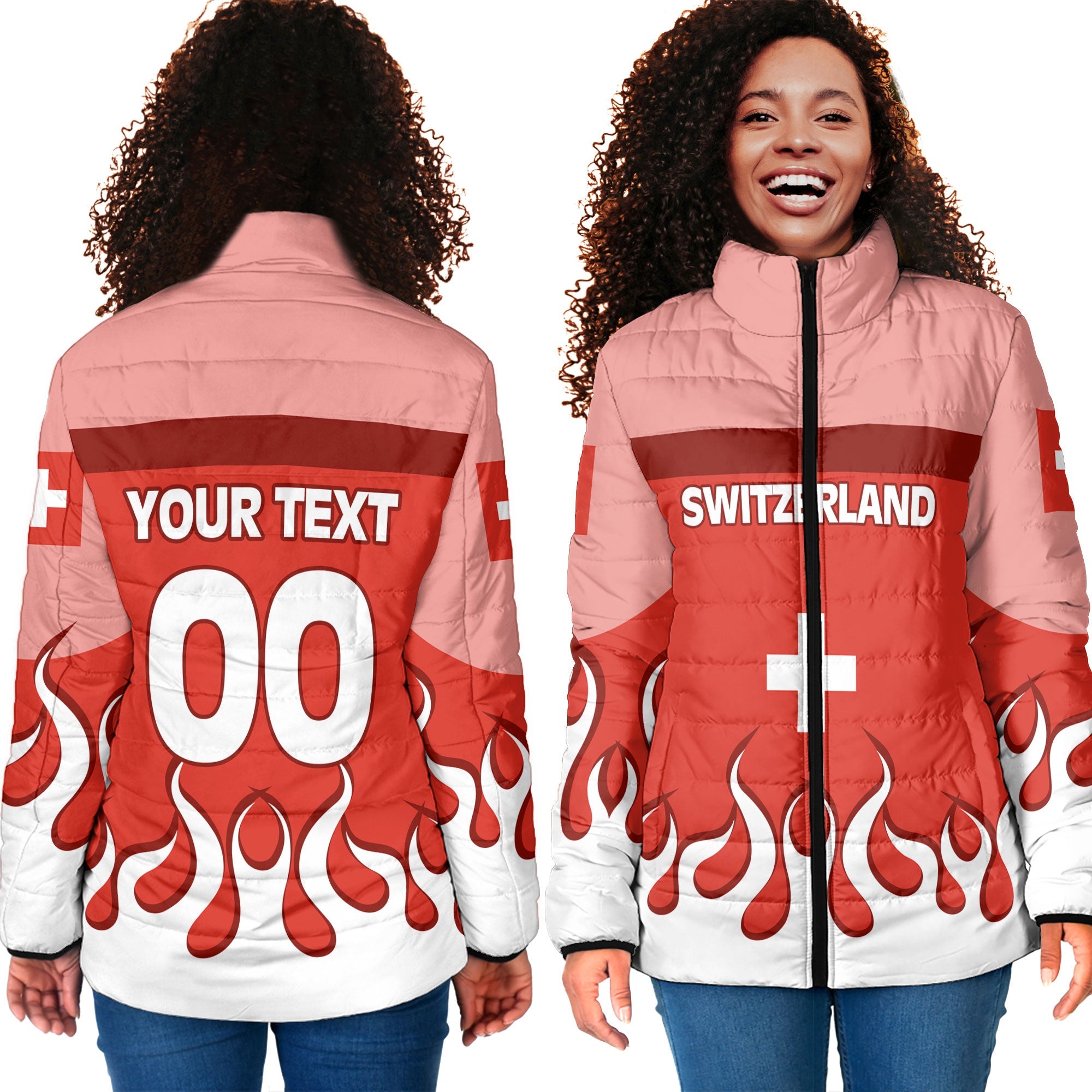 Switzerland Women Padded Jacket Flag & Coat Of Arms Fire Hockey Style