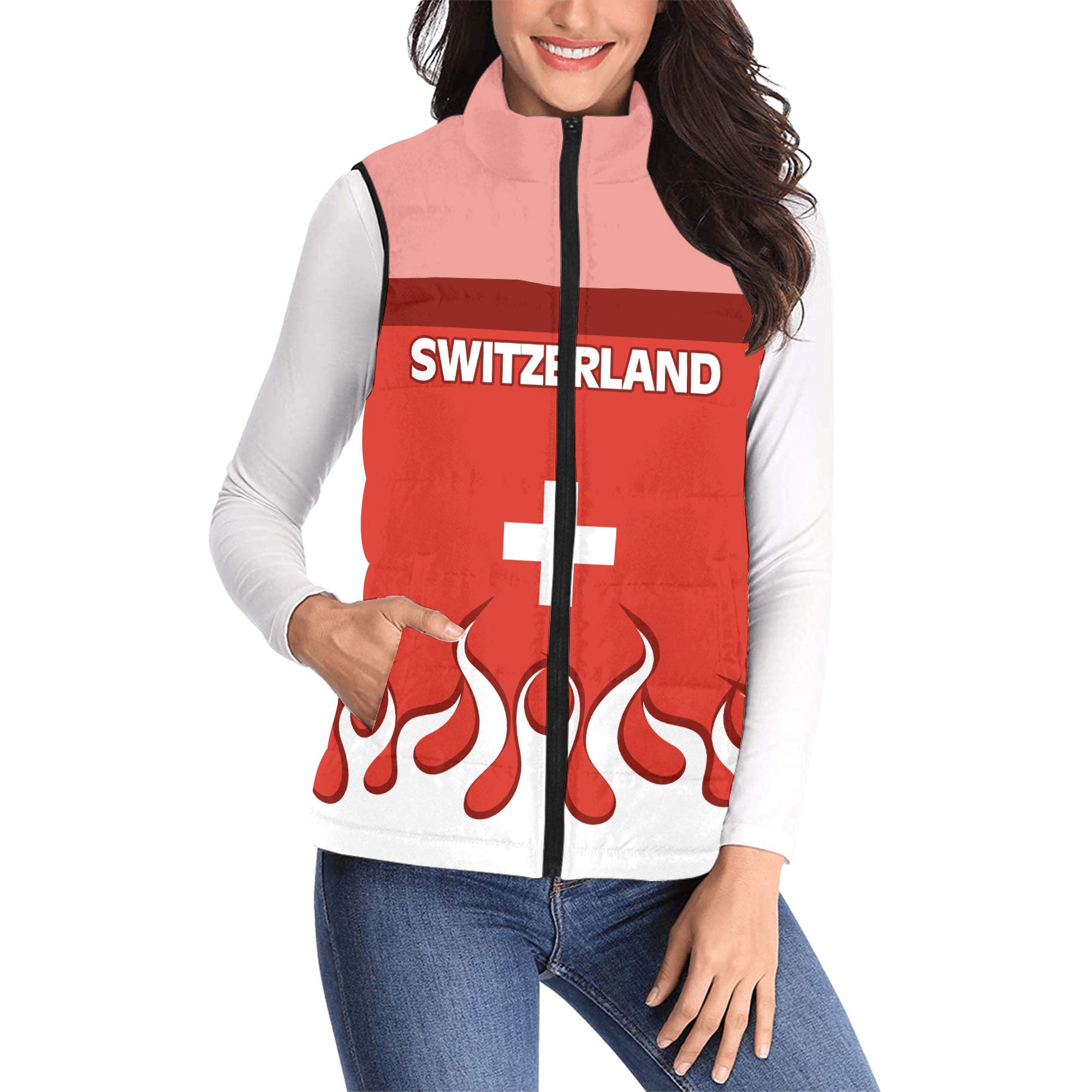 Switzerland Women Padded Jacket Vest Flag & Coat Of Arms Fire Hockey Style