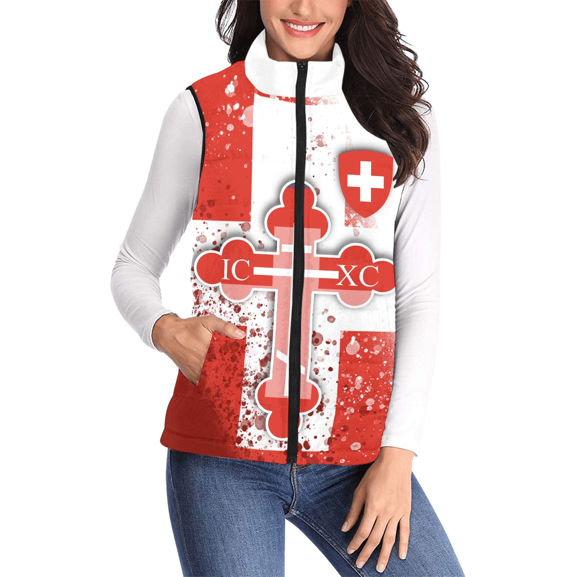 Switzerland Women Padded Jacket Vest Flag & Coat Of Arms Orthodox Style