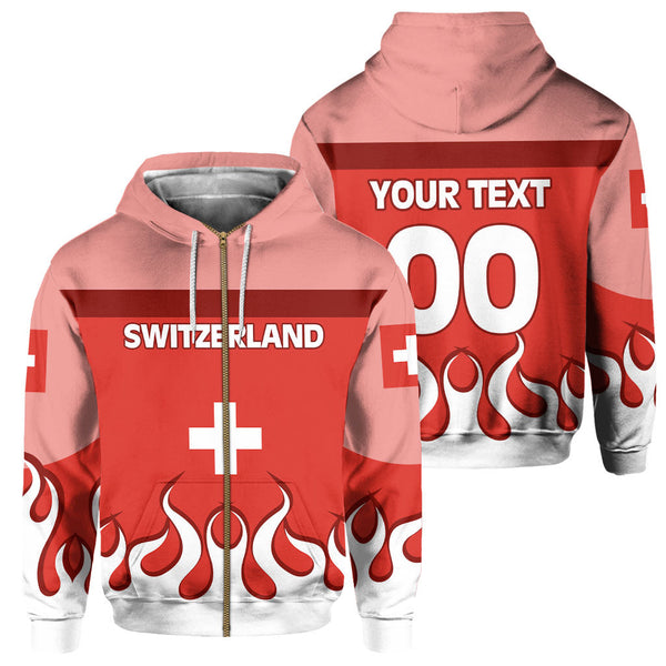 Switzerland Zip Hoodie Flag & Coat Of Arms Fire Hockey Style