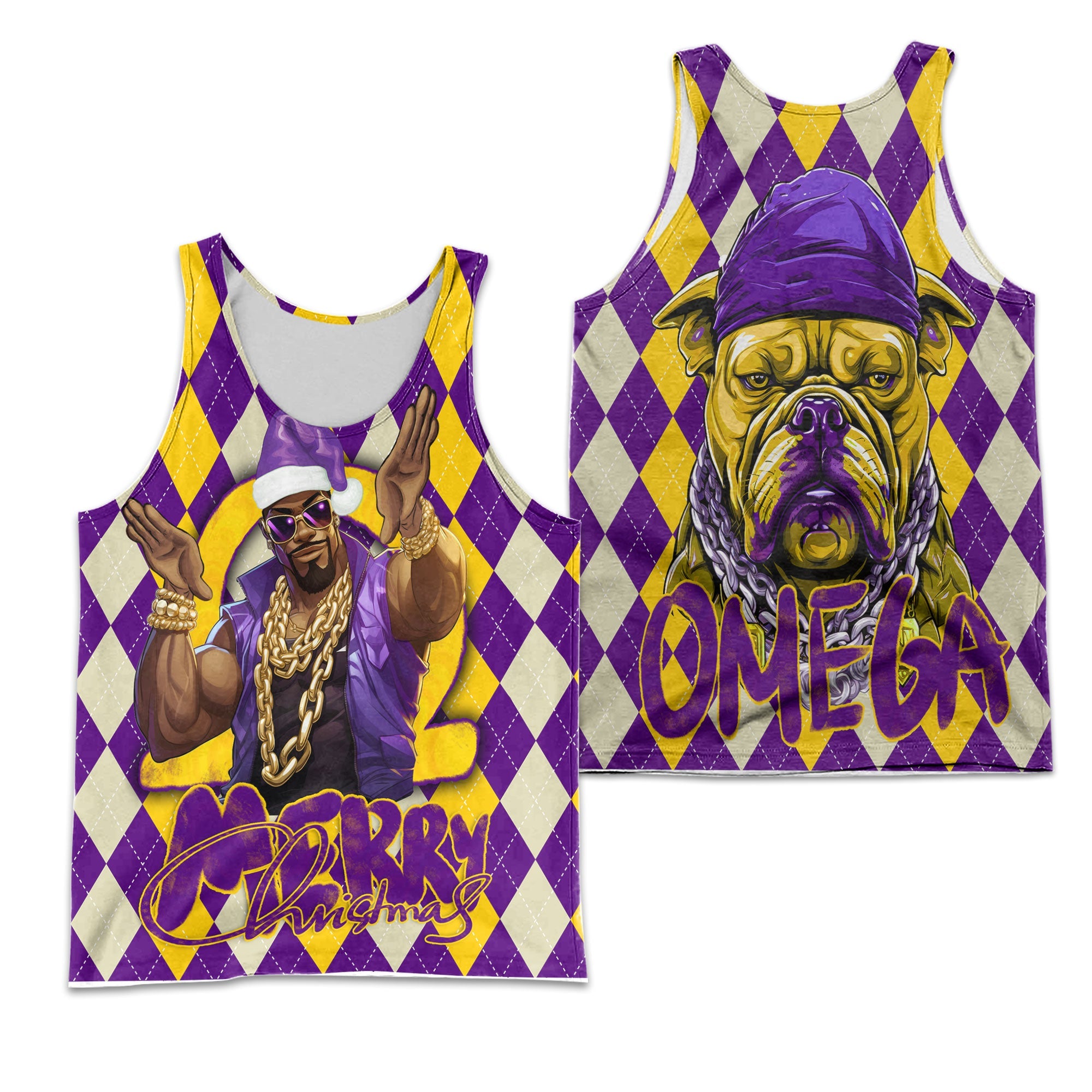 Fraternity Tank Top - OPP Christmas Men Tank Top Bulldog Purple Gold Caro Pattern Style