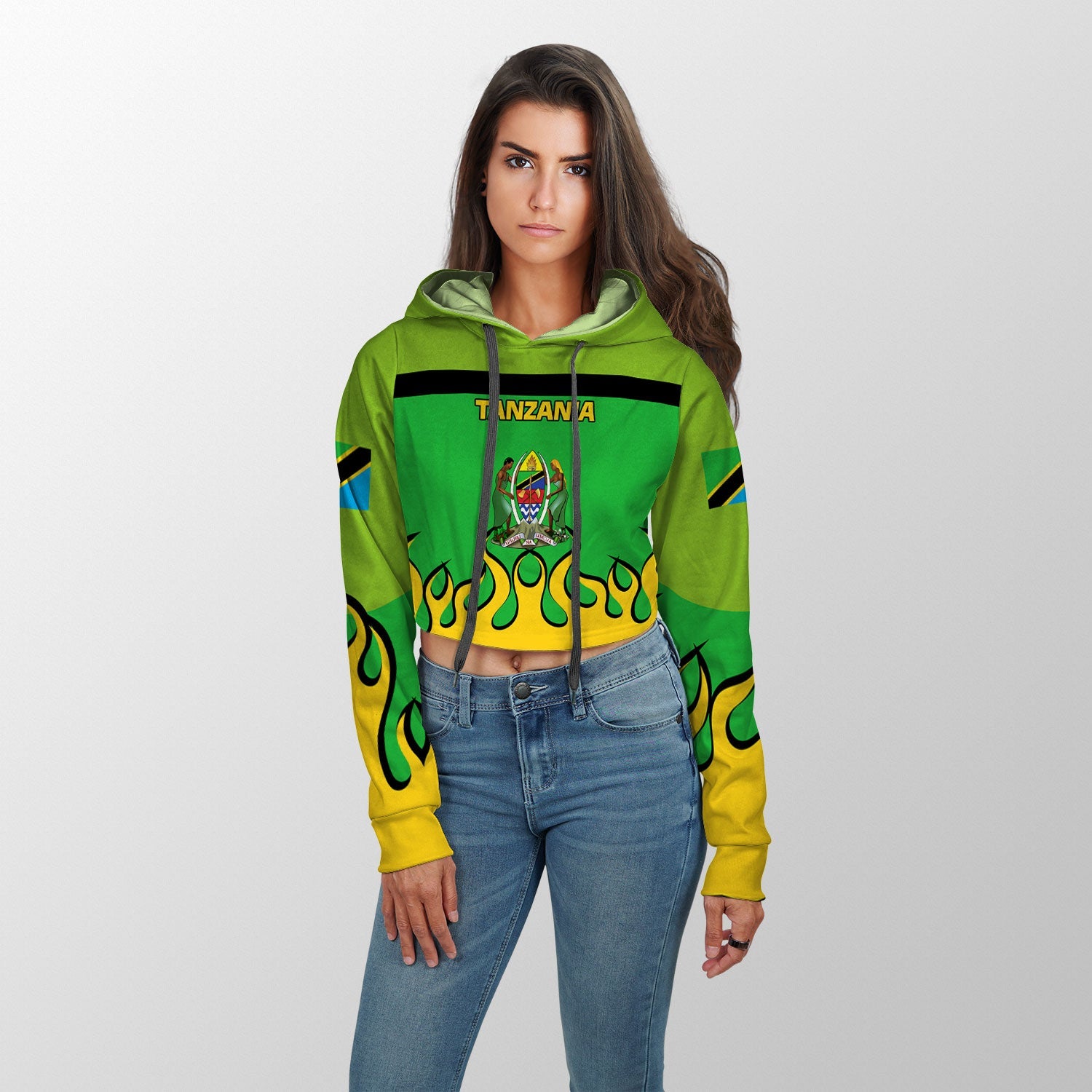 Tanzania Crop Hoodie Flag & Coat Of Arms Fire Hockey Style