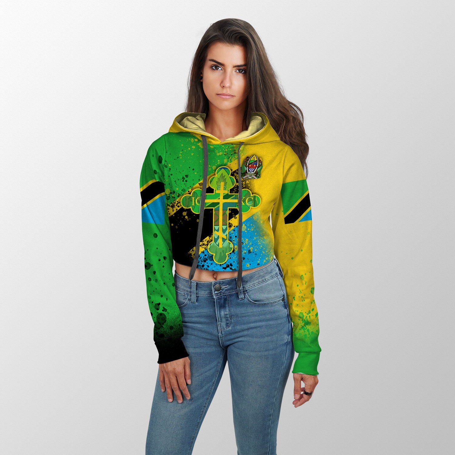 Tanzania Crop Hoodie Flag & Coat Of Arms Orthodox Style