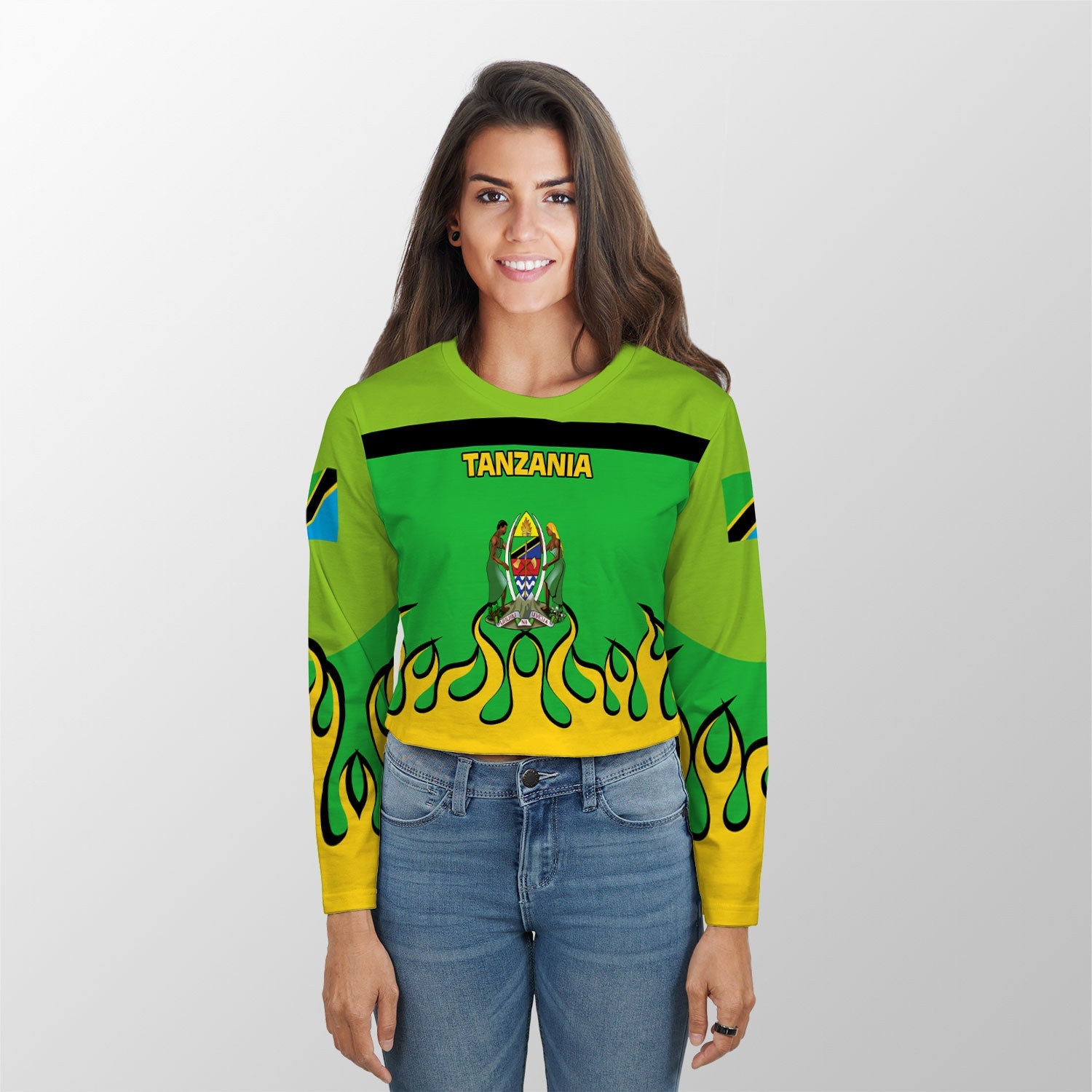 Tanzania Crop Top Long TShirt Flag & Coat Of Arms Fire Hockey Style