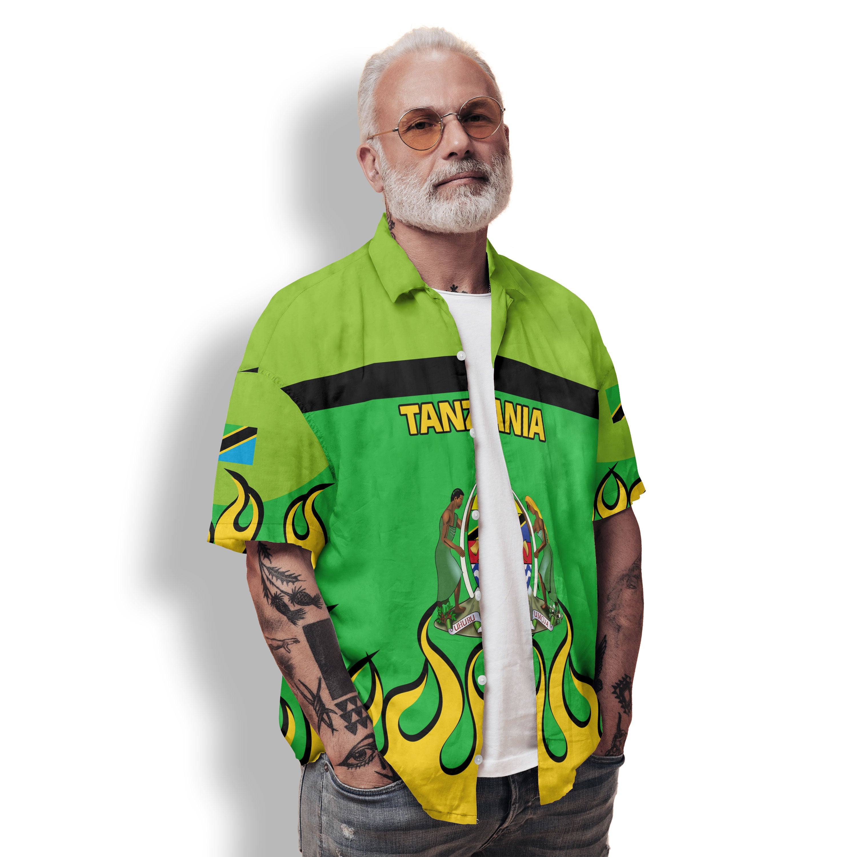 Tanzania Hawaiian Shirt Flag & Coat Of Arms Fire Hockey Style