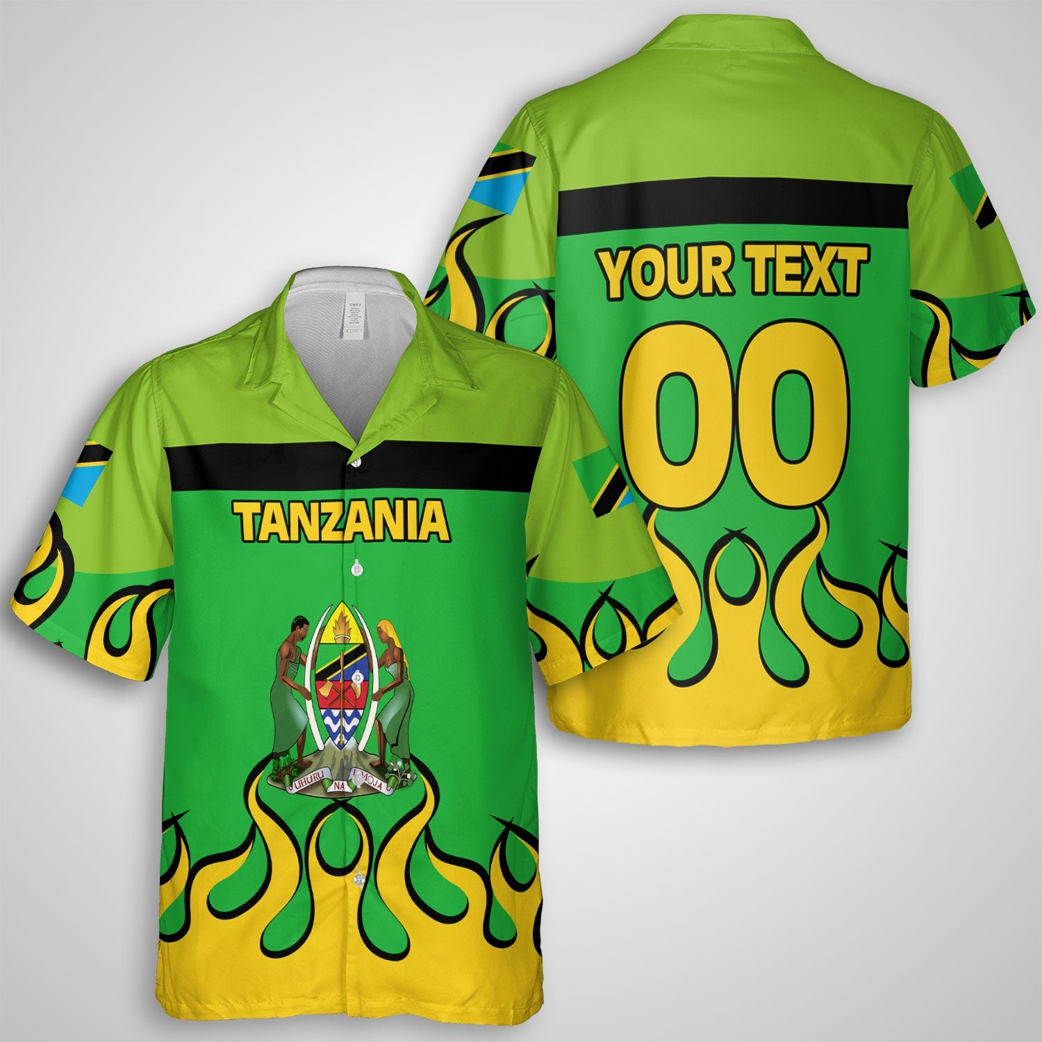 Tanzania Hawaiian Shirt Flag & Coat Of Arms Fire Hockey Style