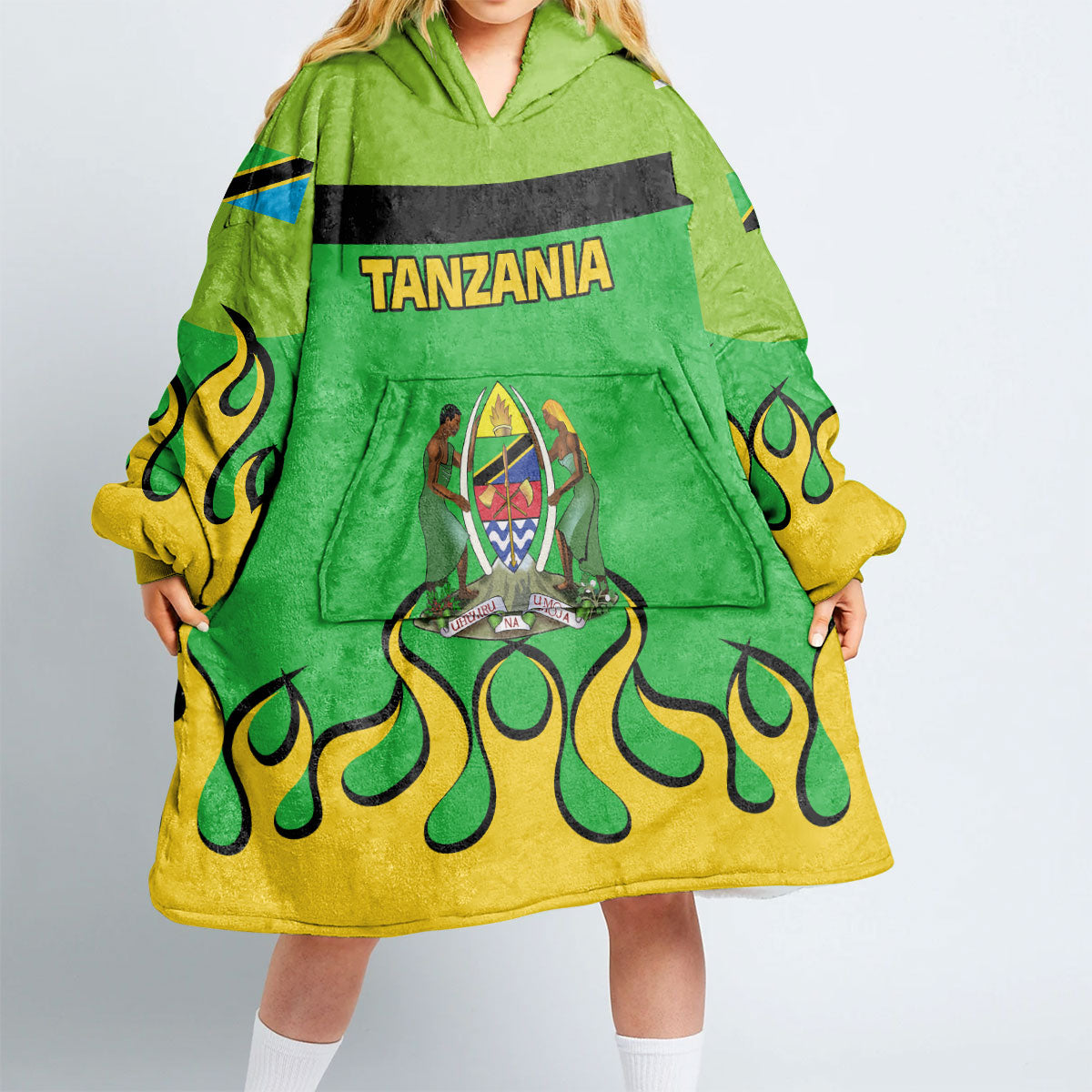 Tanzania Snug Hoodie Flag & Coat Of Arms Fire Hockey Style