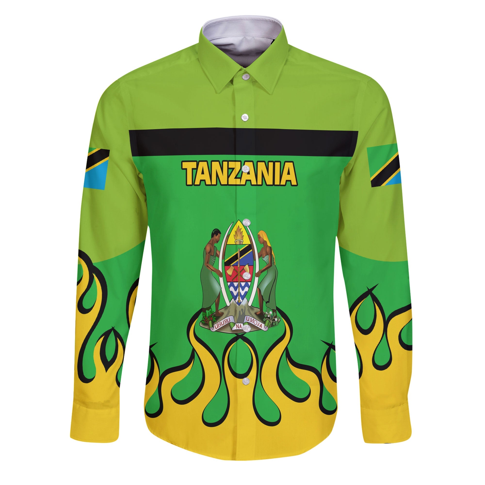 Tanzania Long Sleeve Button Shirt Flag & Coat Of Arms Fire Hockey Style