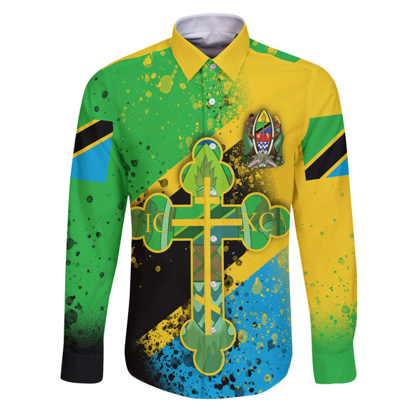 Tanzania Long Sleeve Button Shirt Flag & Coat Of Arms Orthodox Style