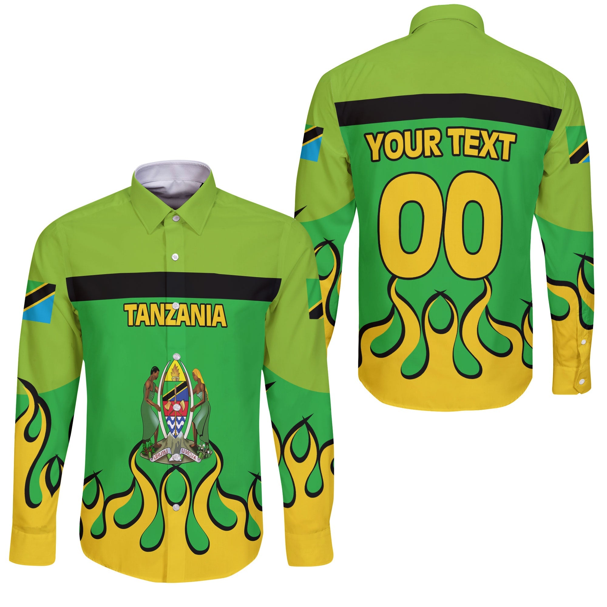 Tanzania Long Sleeve Button Shirt Flag & Coat Of Arms Fire Hockey Style