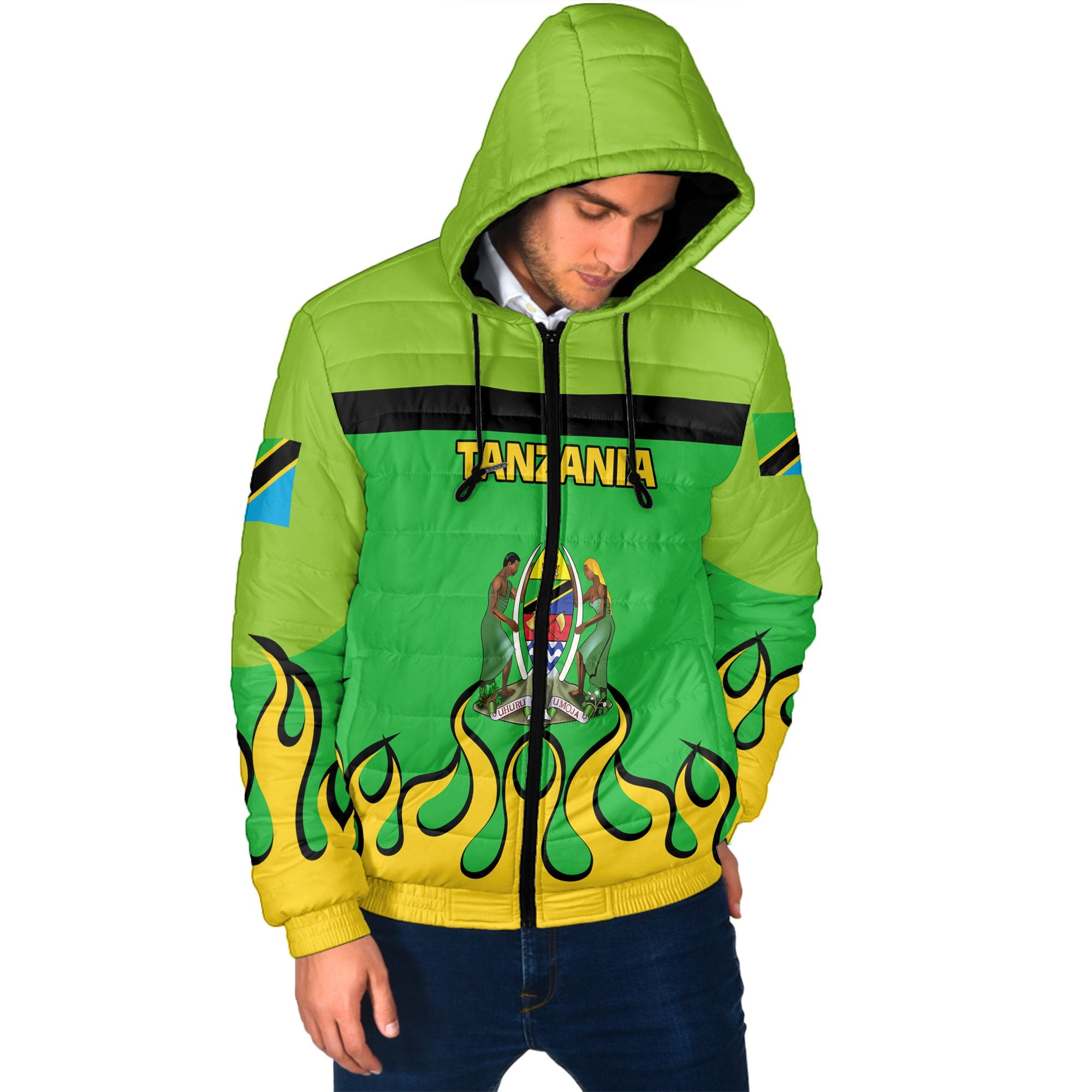 Tanzania Men Hooded Padded Jacket Flag & Coat Of Arms Fire Hockey Style