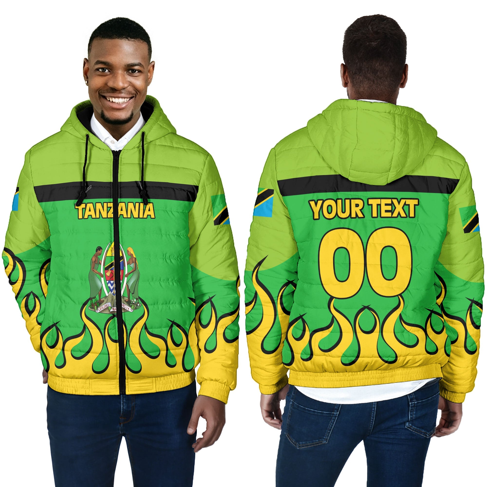 Tanzania Men Hooded Padded Jacket Flag & Coat Of Arms Fire Hockey Style