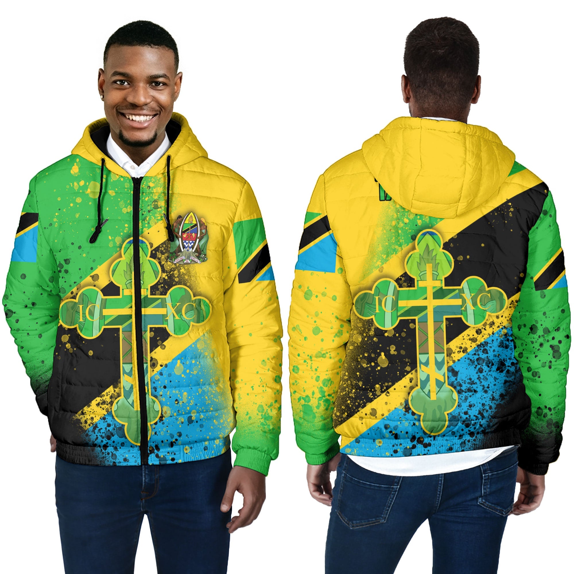 Tanzania Men Hooded Padded Jacket Flag & Coat Of Arms Orthodox Style