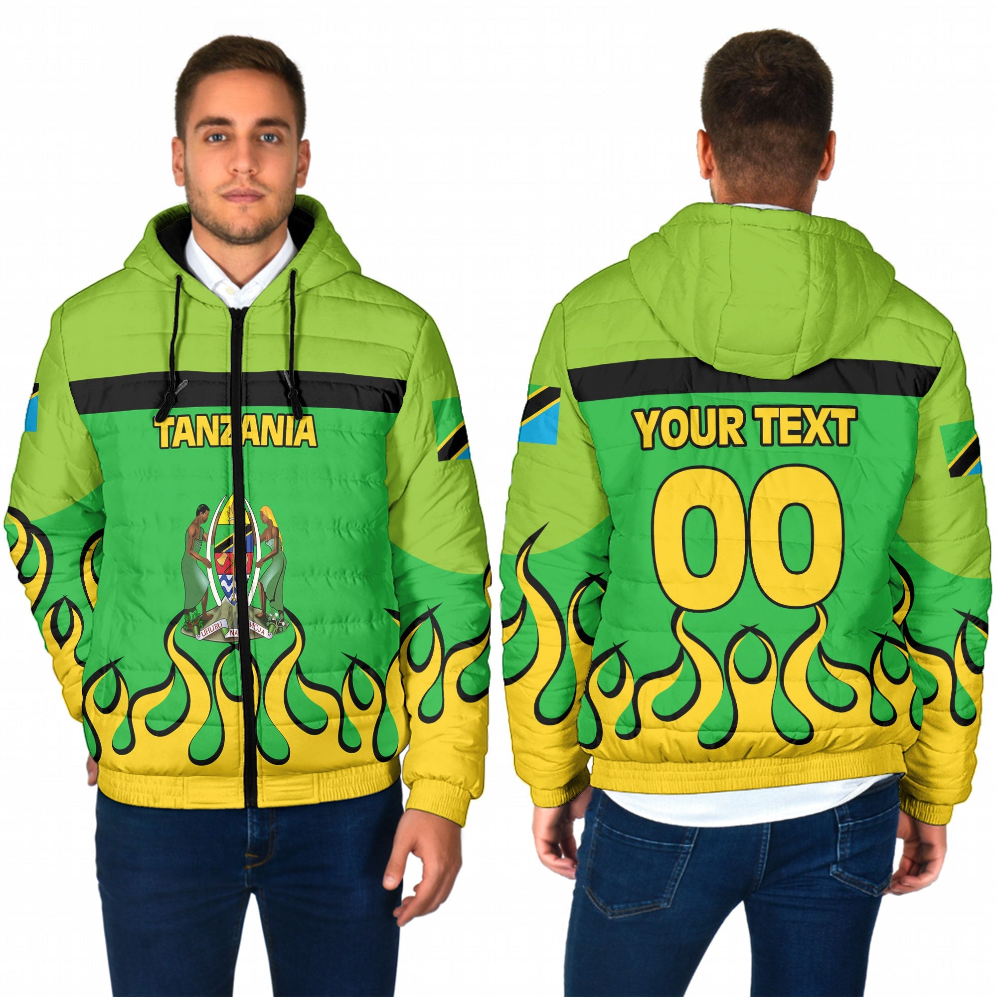 Tanzania Men Hooded Padded Jacket Flag & Coat Of Arms Fire Hockey Style