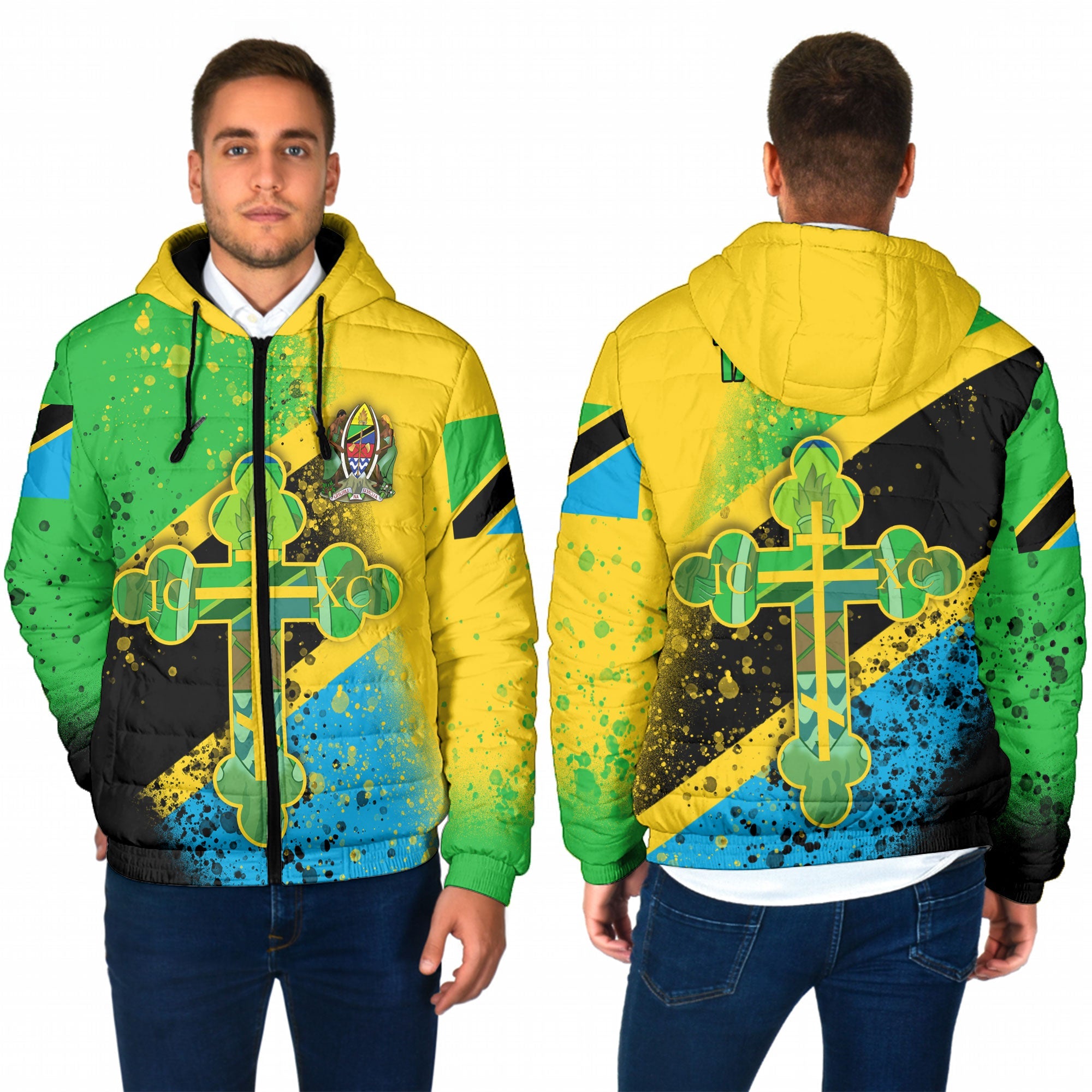 Tanzania Men Hooded Padded Jacket Flag & Coat Of Arms Orthodox Style