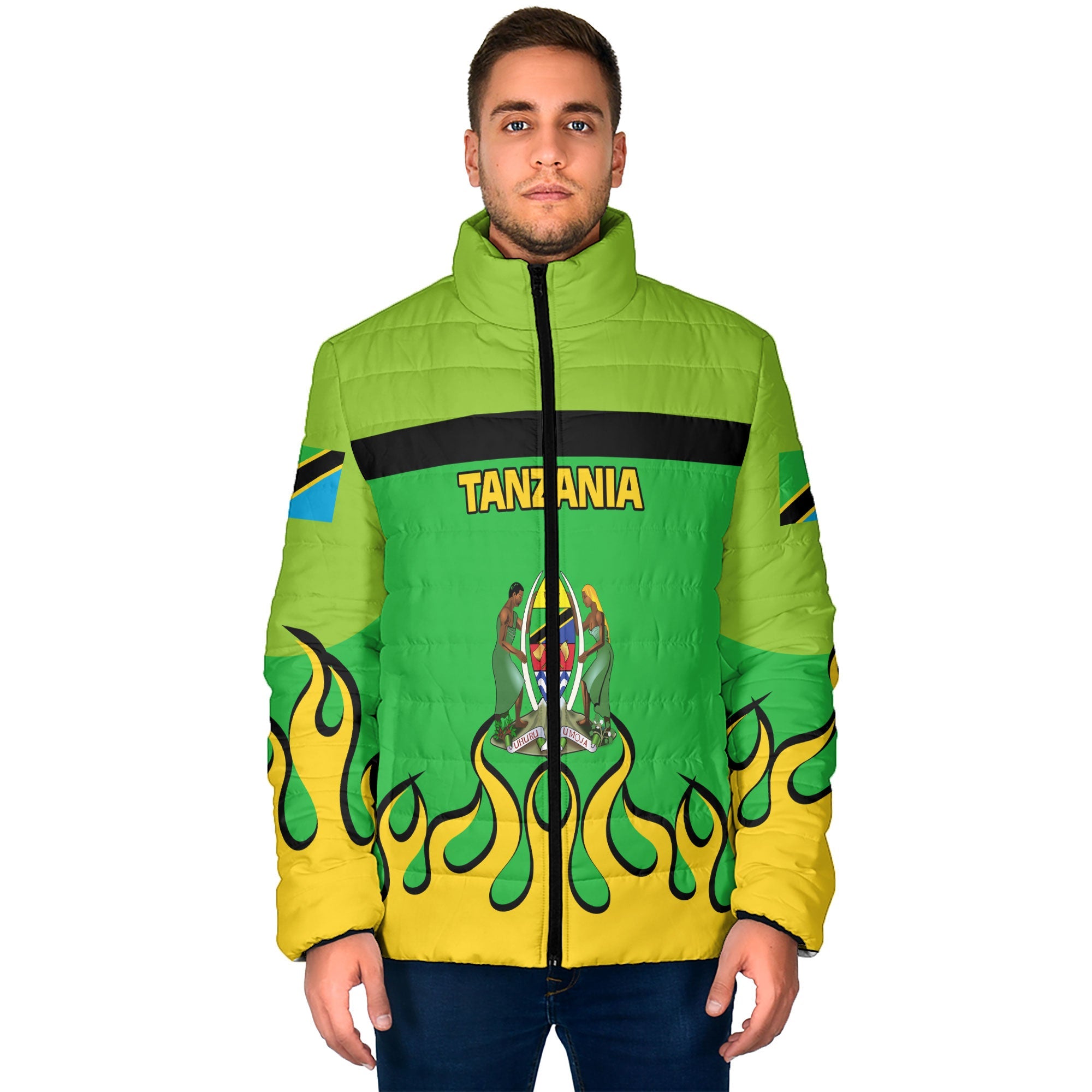 Tanzania Men Padded Jacket Flag & Coat Of Arms Fire Hockey Style