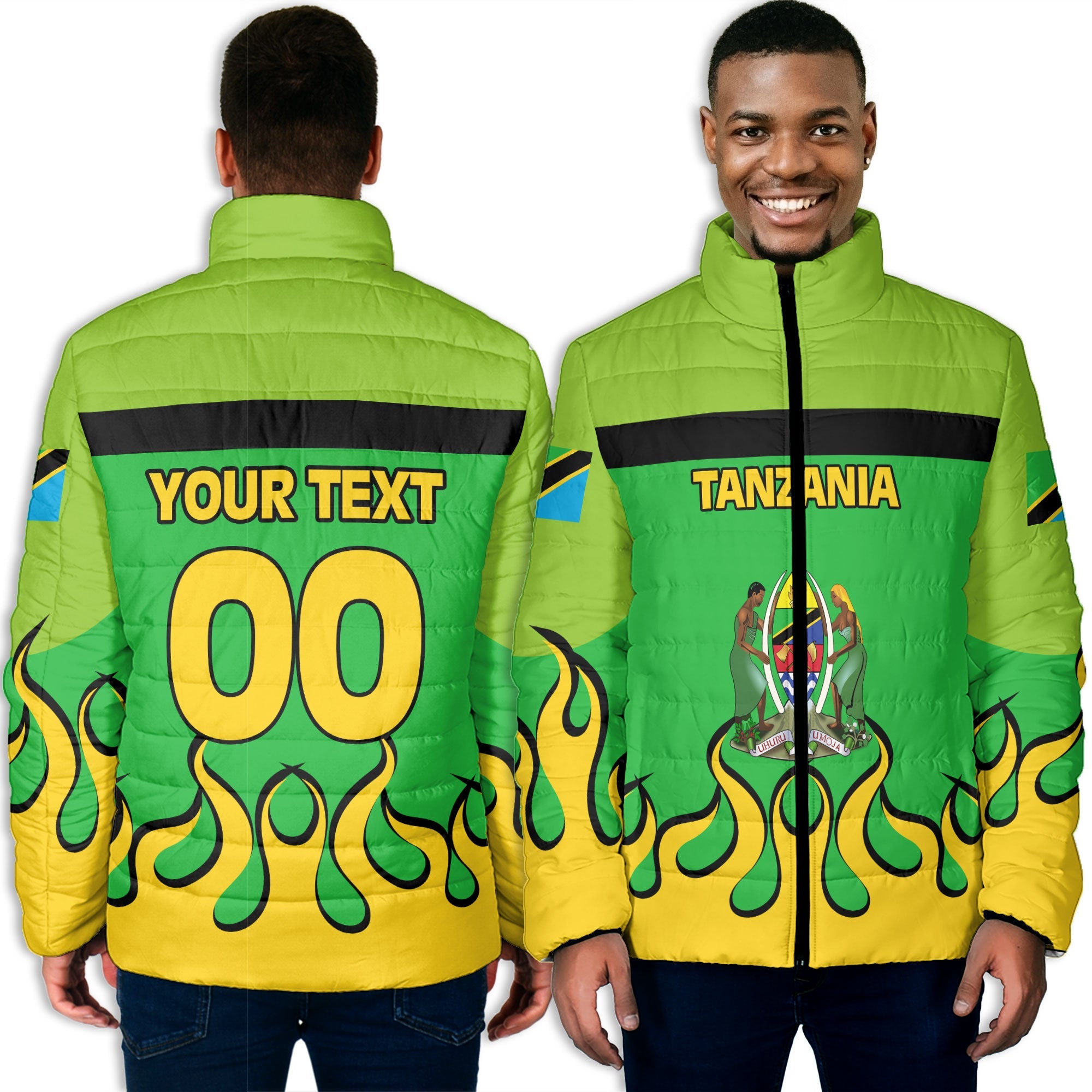 Tanzania Men Padded Jacket Flag & Coat Of Arms Fire Hockey Style