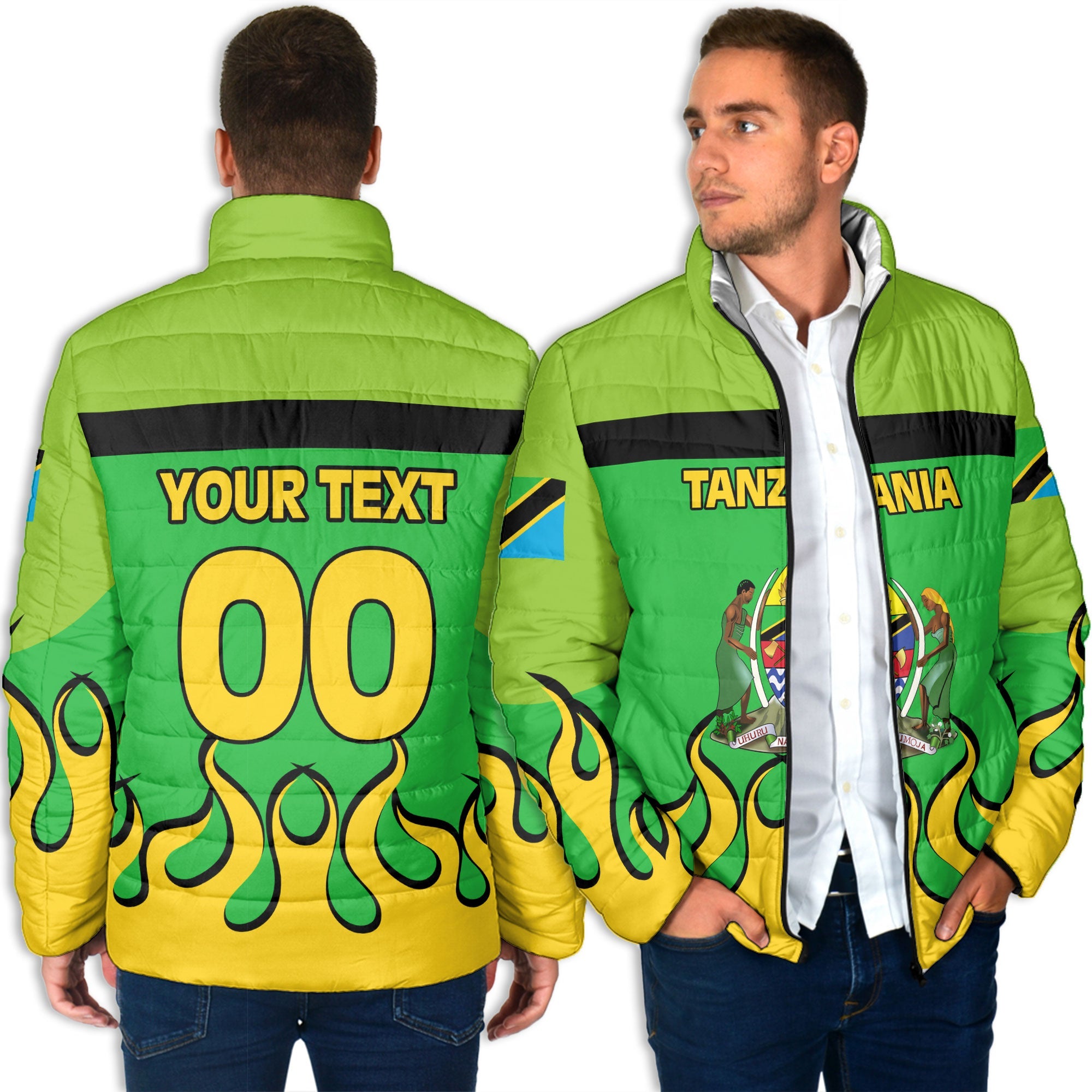 Tanzania Men Padded Jacket Flag & Coat Of Arms Fire Hockey Style