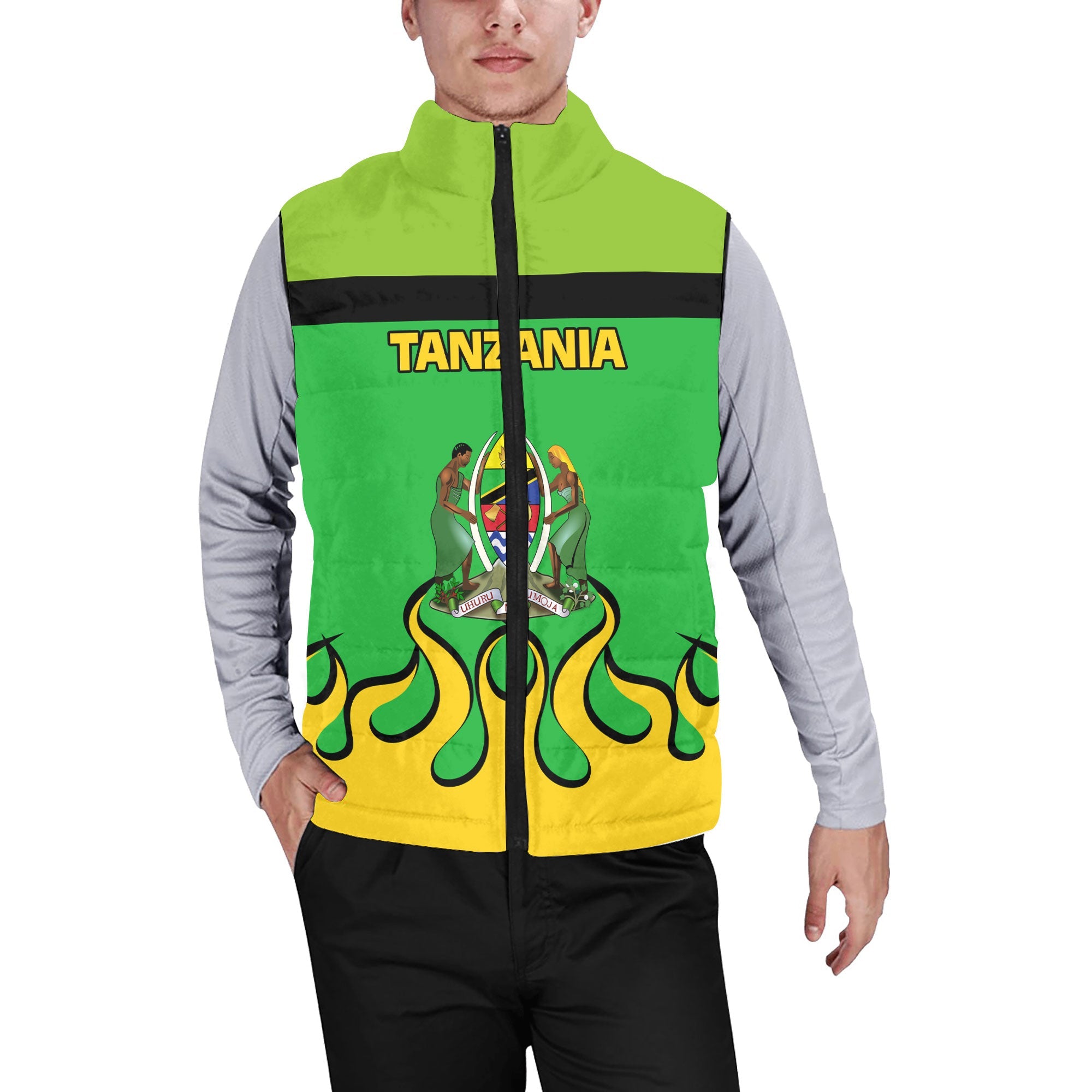 Tanzania Men Padded Jacket Vest Flag & Coat Of Arms Fire Hockey Style