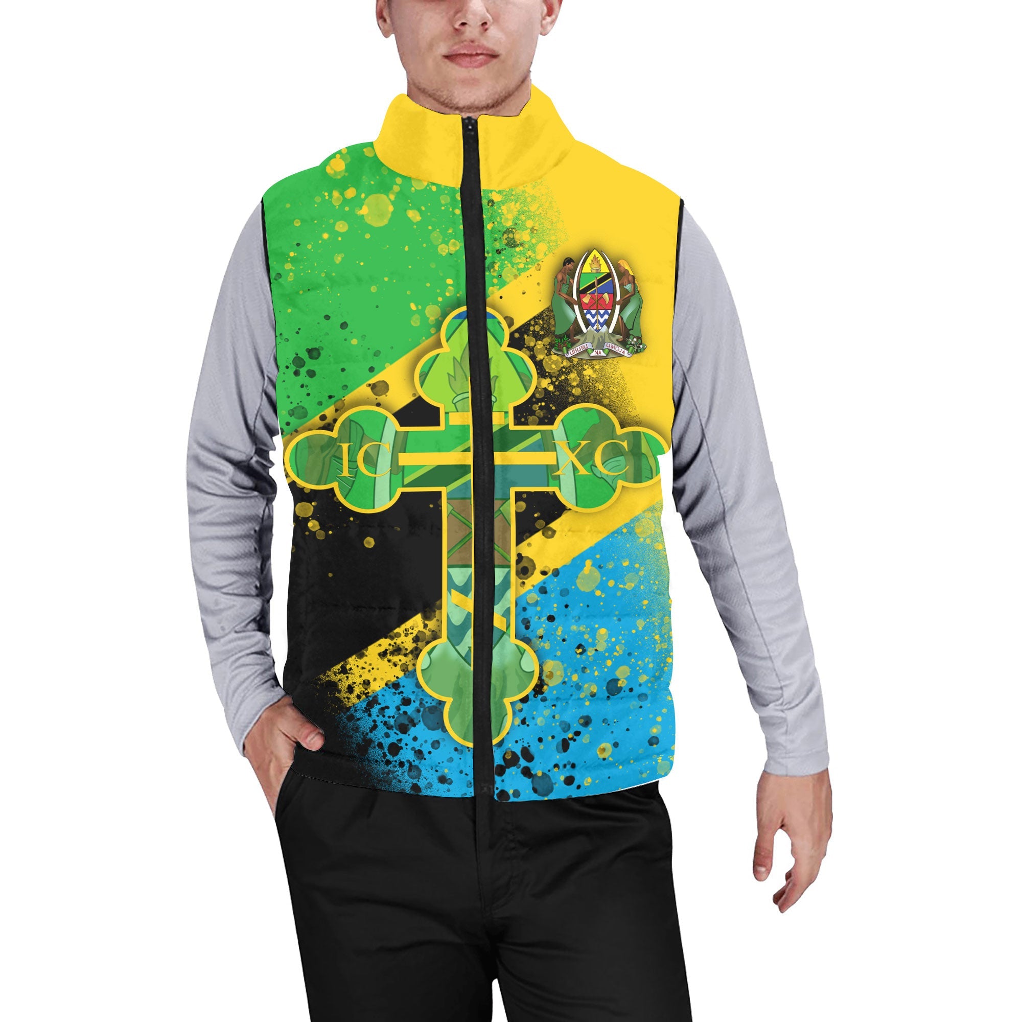 Tanzania Men Padded Jacket Vest Flag & Coat Of Arms Orthodox Style